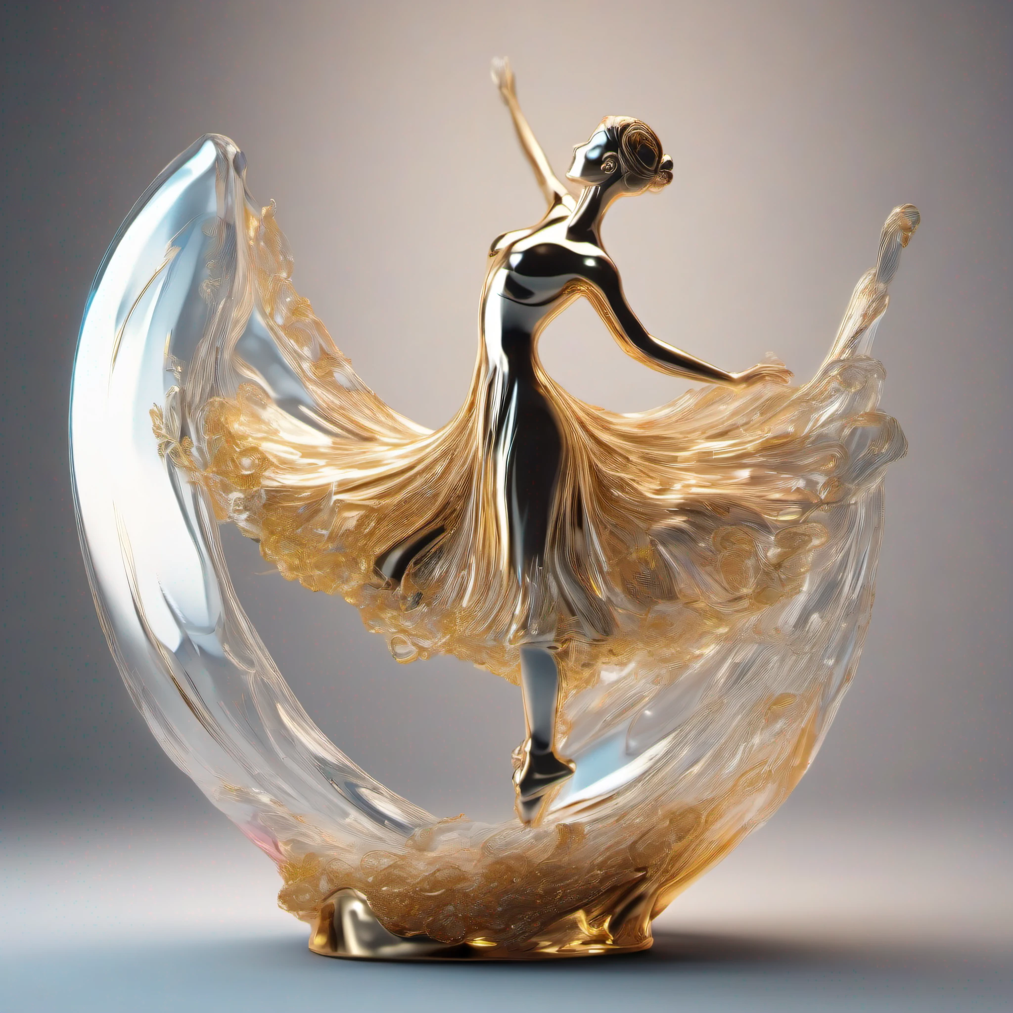 an abstract 3D object with amorphous ballerina shape in swan dance made of glass and gold