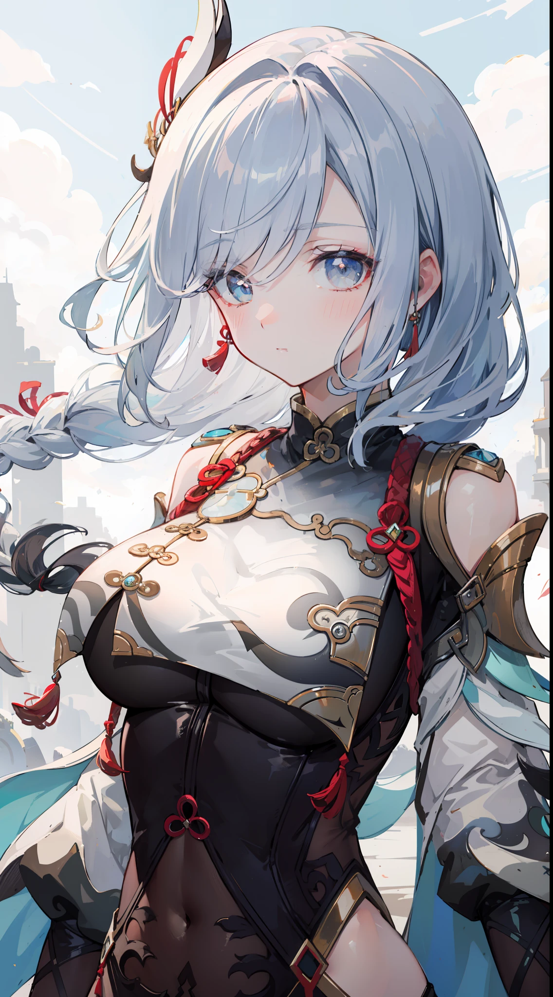 shenhedef, upper body, serious expression, blush, outdoors, futuristic skyscarper, eclipse sky, short hair, sky, looking at viewer, mountain, moody lighting, (perfect detail eyes:1.2), glowing eyes, (long hair one braid:1.2),
(Masterpiece, Best Quality, High Quality:1.4), professional artwork, Intricate Details, field of view, sharp focus, detailed painting, photorealistic lighting, trending on pixiv, (vivid lighting, vibrant colors:1.05), realistic shadows, ambient occlusion,
