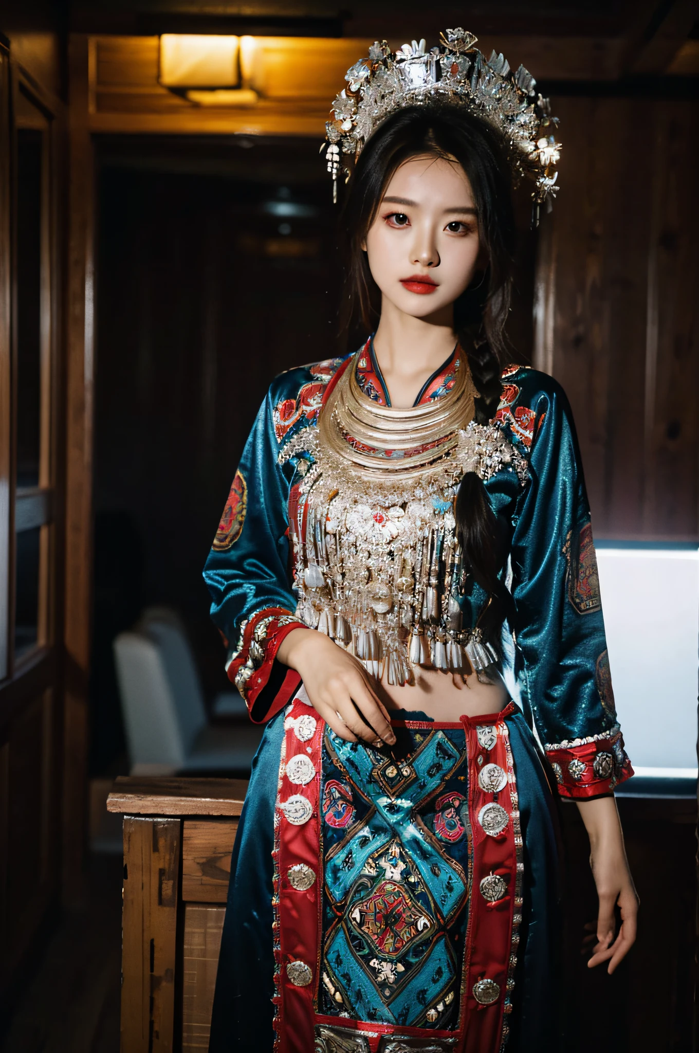 （Hyperrealistic,）4K,35mm，hyper-high detail, Professional lighting, Best quality, Ultra-high resolution, Visually stunning, (1girll:1.1), （Hmong clothing）,realskin,（Perfect body 1.3）Ultra-delicate face。