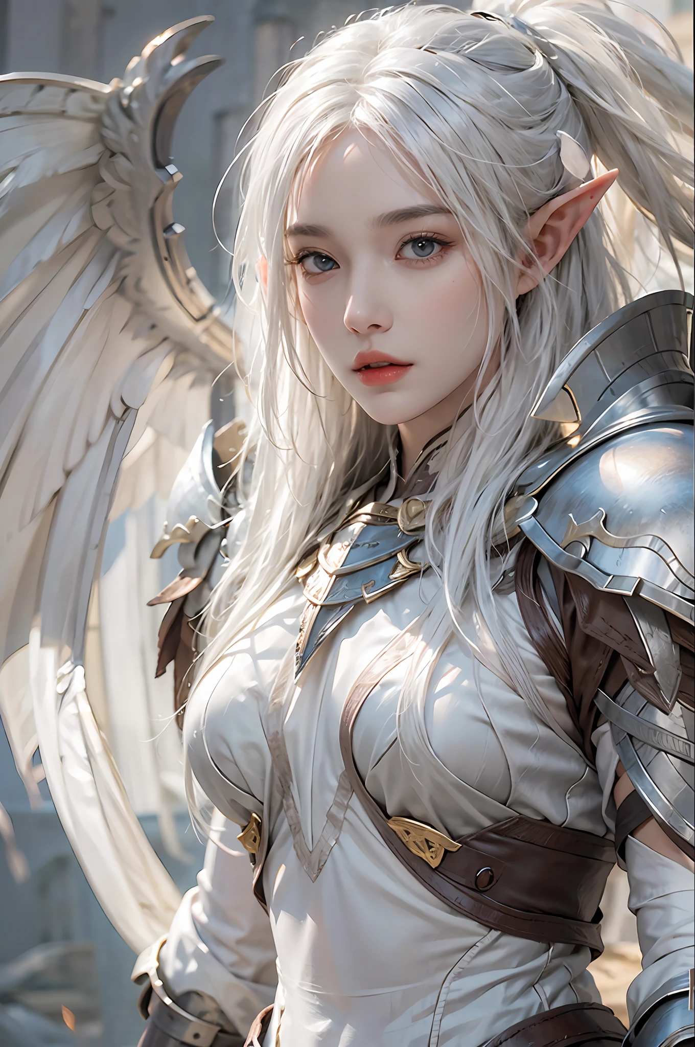 photorealistic, high resolution, 1 women, solo, hips up, look at viewer, (detailed face), white hair, knight armor, elf, angle wings
