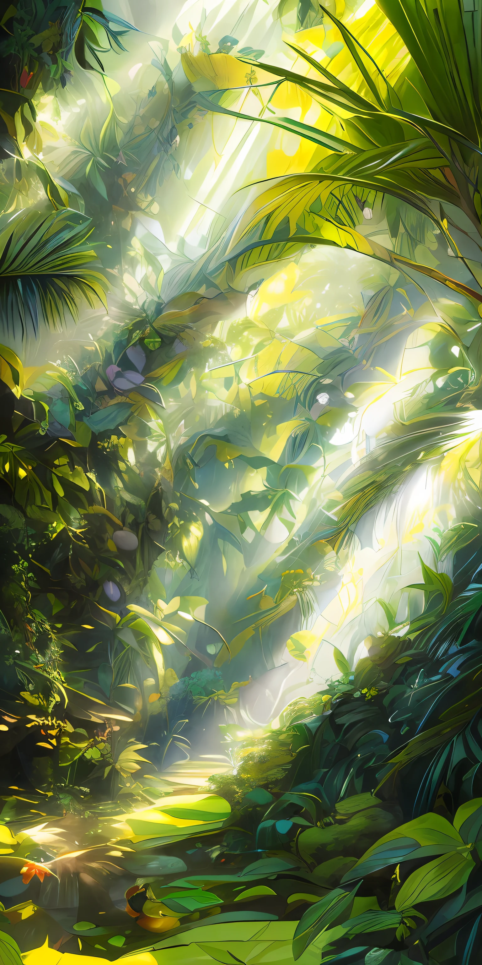 Digital illustration, detailed and intricate, of a dense jungle filled with exotic plants and animals, the sunlight filtering through the canopy creating a dappled effect. In the style of Yoshitaka Amano and Hayao Miyazaki, masterpiece, proportional, detailed, trending on artstation, beautiful lighting, realistic, intricate, award winning, 4k, highest quality