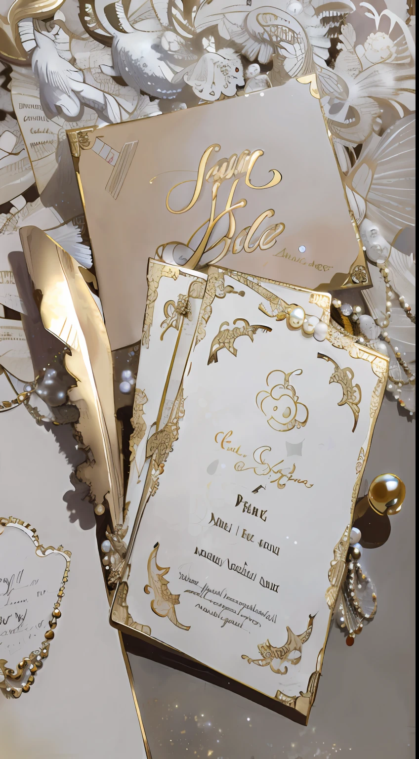 Golden envelope, gold， anime beautiful peace scene， art work, ethereal fairytale, Dreamy atmosphere, Sit in a gilded envelope，There are pearls next to it, white and gold color scheme, romanticism art style，higher details