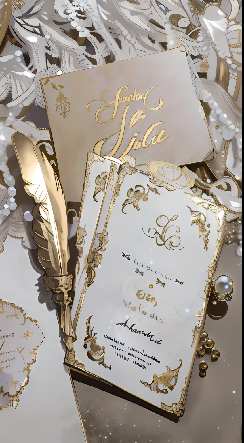 Golden envelope, gold, anime beautiful peace scene, art work, ethereal fairytale, Dreamy atmosphere, Sit in a gilded envelope,There are pearls next to it, white and gold color scheme, romanticism art style,higher details
