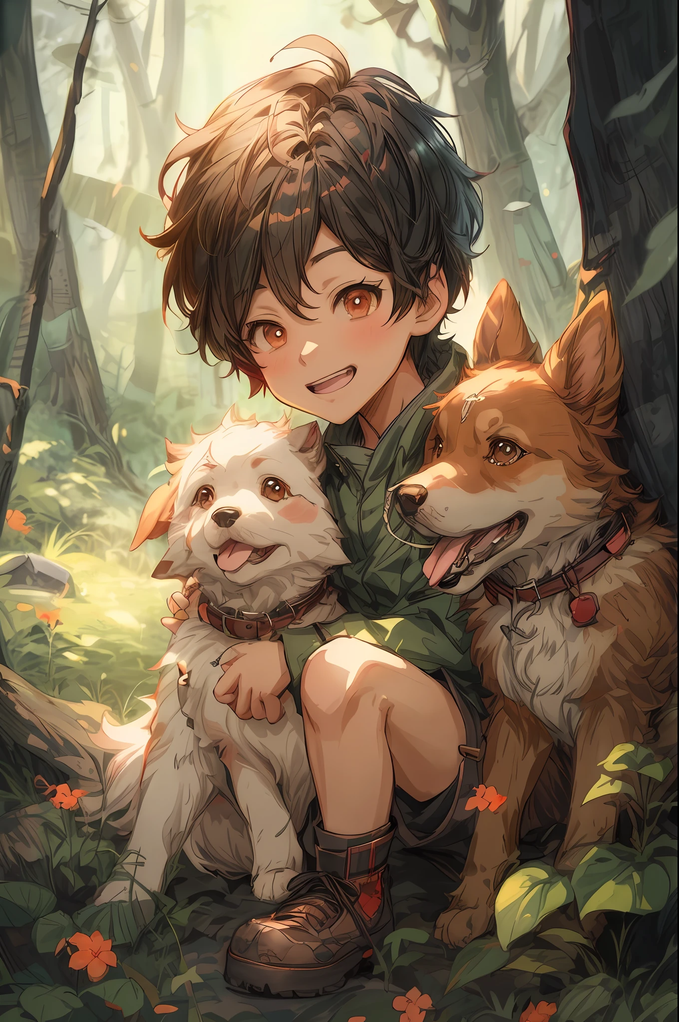 anime boy with two dogs sitting in the woods, artwork in the style of guweiz, kawacy, digital anime illustration, cute detailed artwork, cute detailed digital art, clean detailed anime art, anime illustration, detailed digital anime art, illustrated anime, cute art style, high quality anime artstyle, guweiz, detailed fanart, official fanart, cute anime