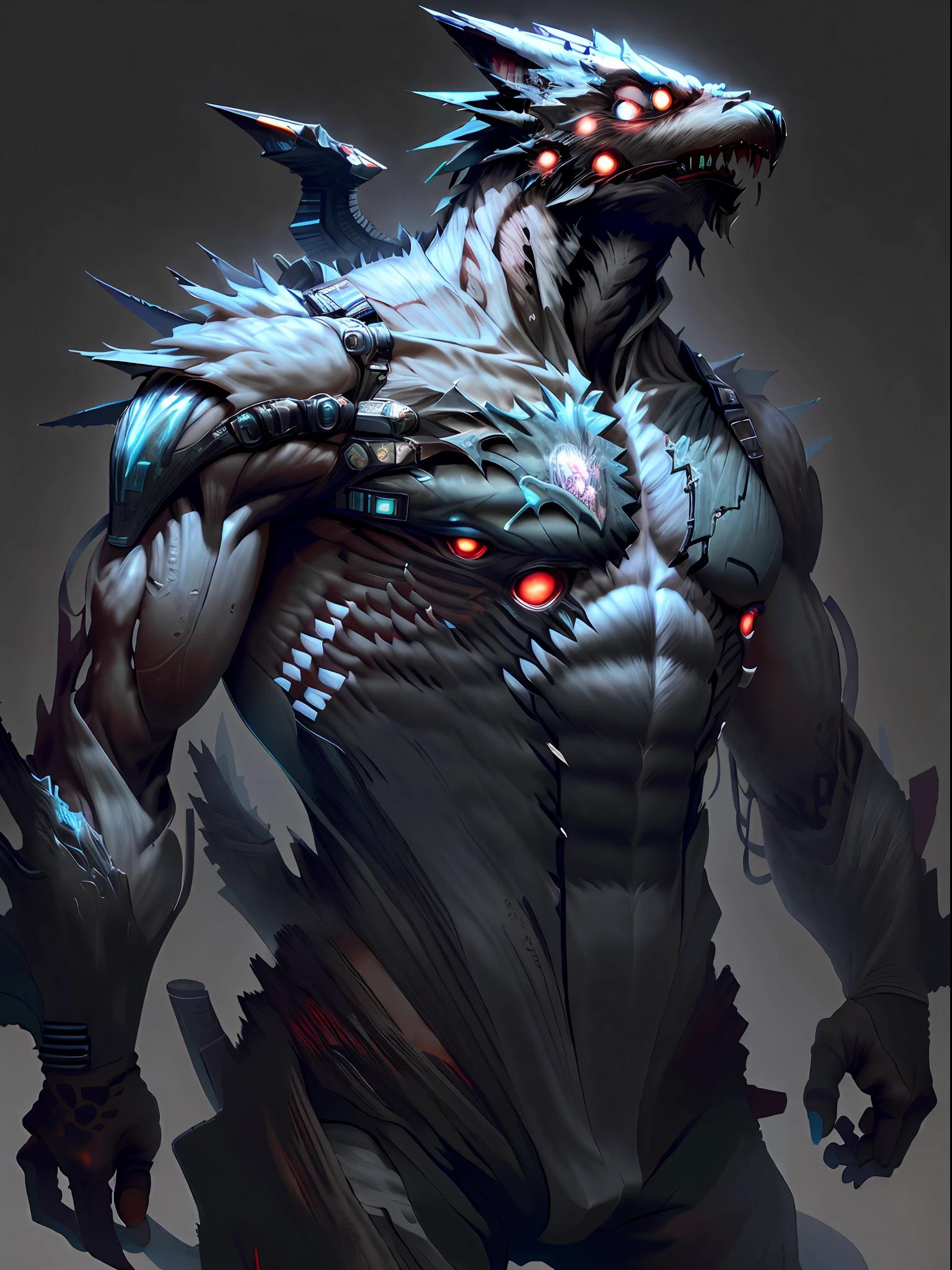 Biopunk artificial intelligence dragonman,Wolf head man,A pair of dragon wings,grey shorts,Liquid spills from the crotch,Black skin,nakeness,Strong,Chemical and biological weapons,drools,Sharp claws,Lower body outflow fluid,Creeping,Hold your head,drools