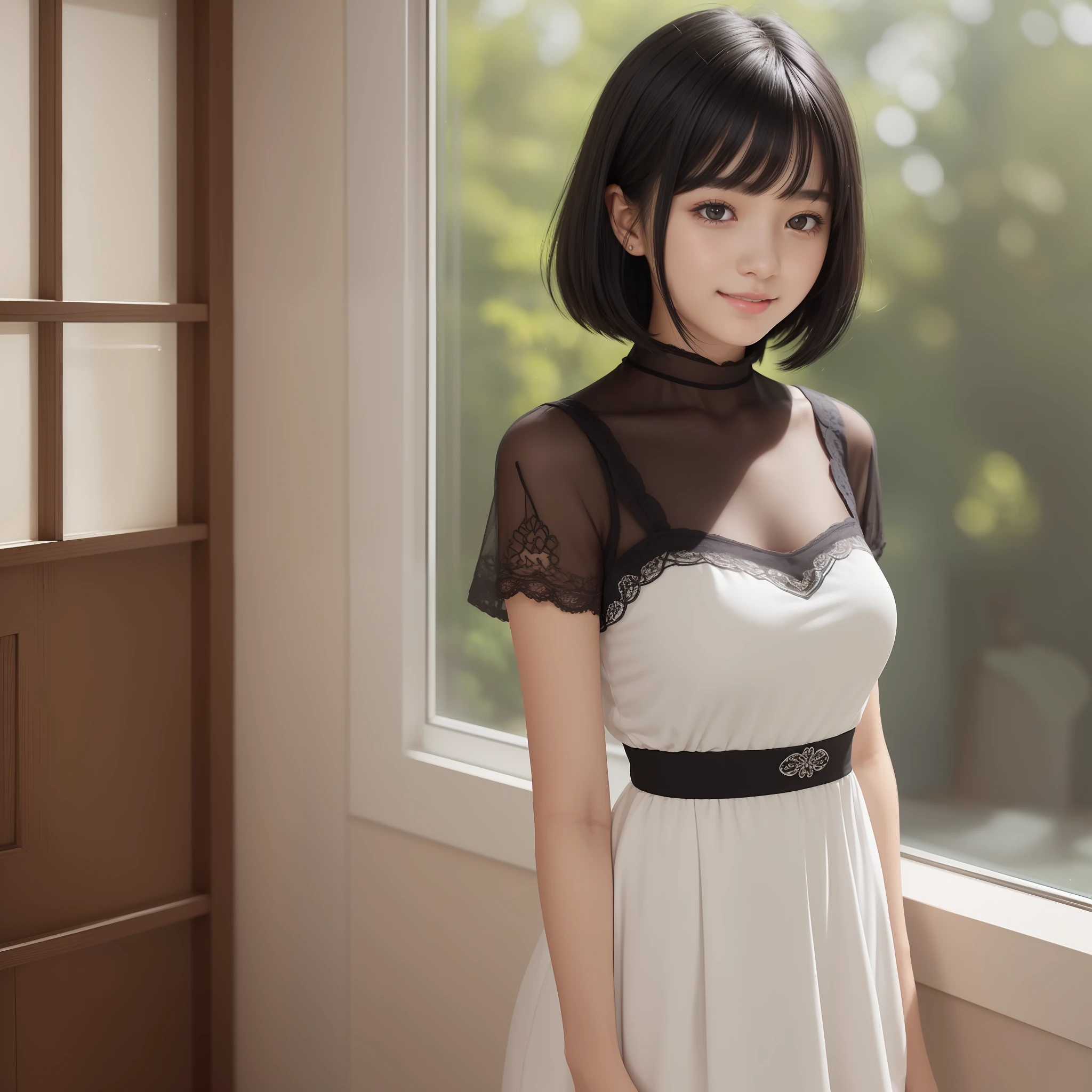 Image of beautiful teenage girl with top quality CG illustration。In high resolution、Beautiful fine details、tranquil atmosphere。(((Black Hair Bob Hair)))、Cute smile with mouth closed。Girl in white light short sleeve dress standing in room。