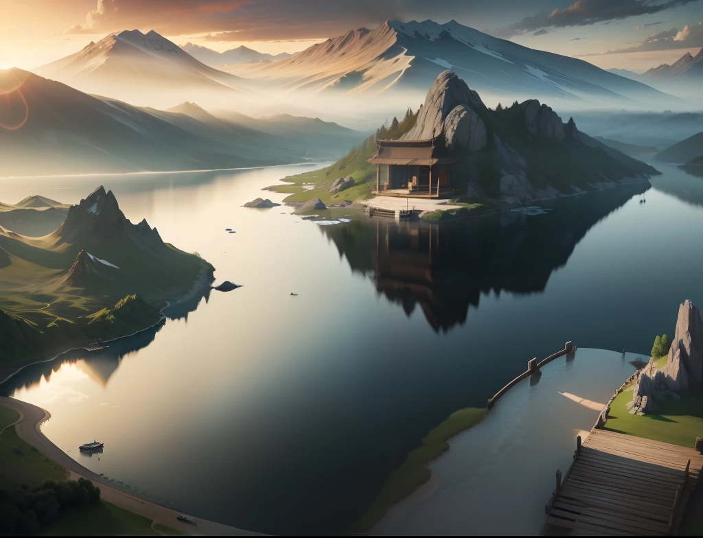 island landscape,small dock,The Blue Lagoon has three islands,Lake in the background,A digital painting,detailed lake in background,There is a lot of vegetation in the mountains,Good-looking clouds,There are gazebos on the island,There are several cruise ships,Beautiful light and shadow,White clouds reflect on the surface of the water,Beautiful and detailed mountains,Ultra-clear light and shadow。