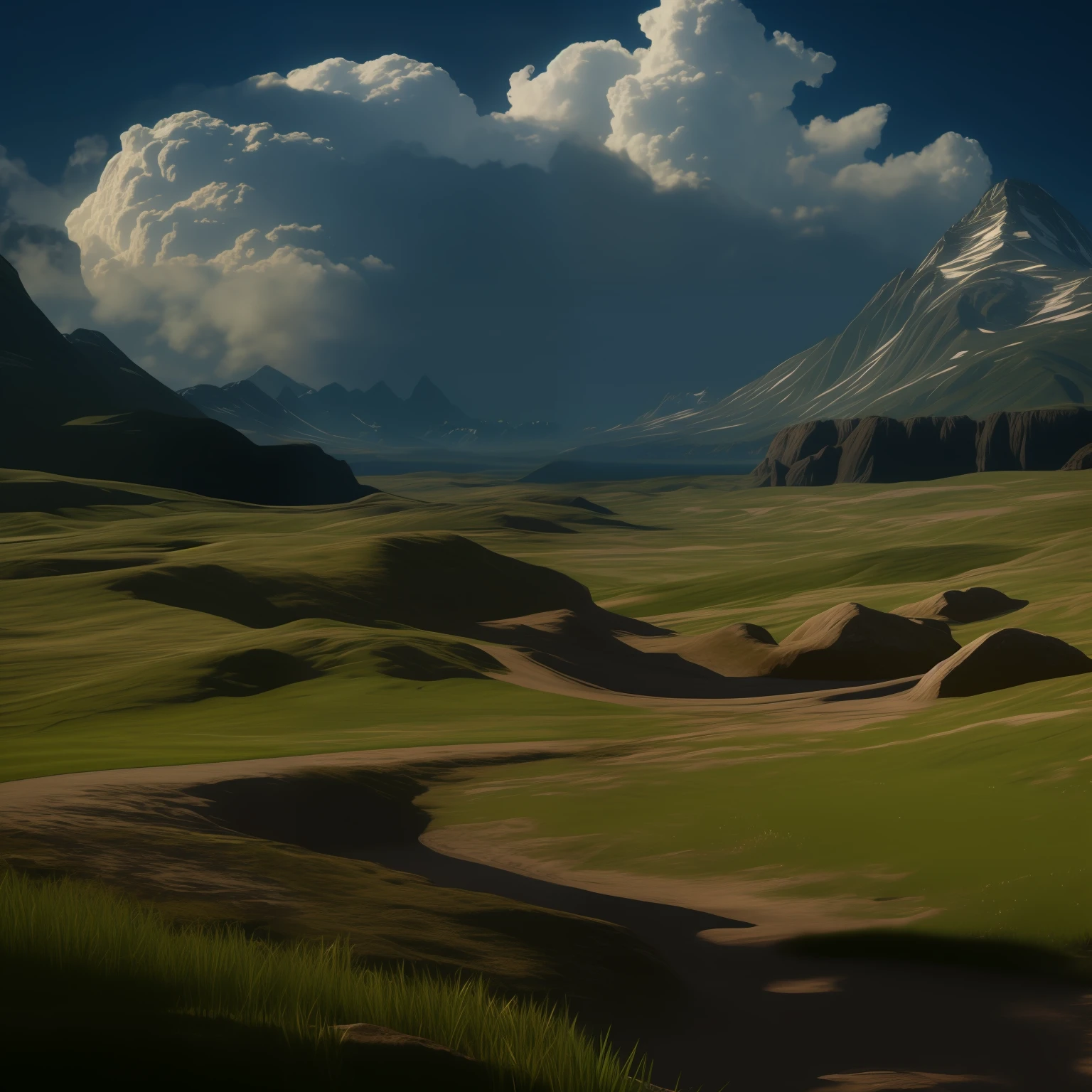 environmentart, No Man, scenecy, exteriors, Rochas, Skysky, Clouds, mont, daysies, concept-art,hdr shot。(Faraway view,Super deep view,ultra-wide-angle,Microfocal length lens:1.2)(realisticlying:1.4)tmasterpiece、high high quality、Beautiful photography、globalillumination、