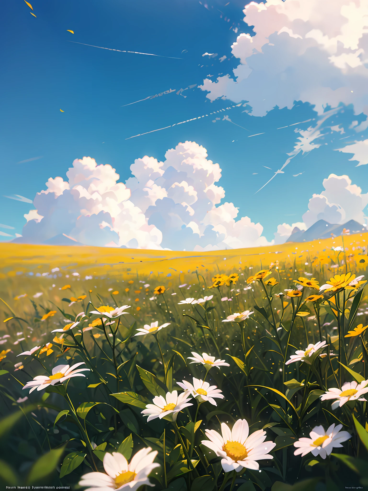 Summer Wallpaper, Grass, Few Flowers, Big Clouds, Blue Sky, Hot Weather, HD Detail, Moist Watermark, Ultra Detail, Film, Hyper Realism, Soft Light, Deep Focus Bokeh, Ray Tracing, and Hyper Realism. --v6