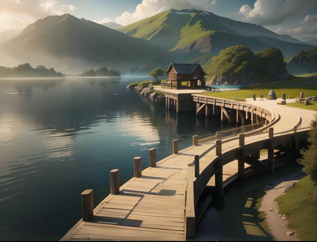 island landscape,small dock,The Blue Lagoon has three islands,Lake in the background,A digital painting,detailed lake in background,There is a lot of vegetation in the mountains,Good-looking clouds,There are gazebos on the island,There are several cruise ships,Beautiful light and shadow,White clouds reflect on the surface of the water,Beautiful and detailed mountains,Ultra-clear light and shadow。