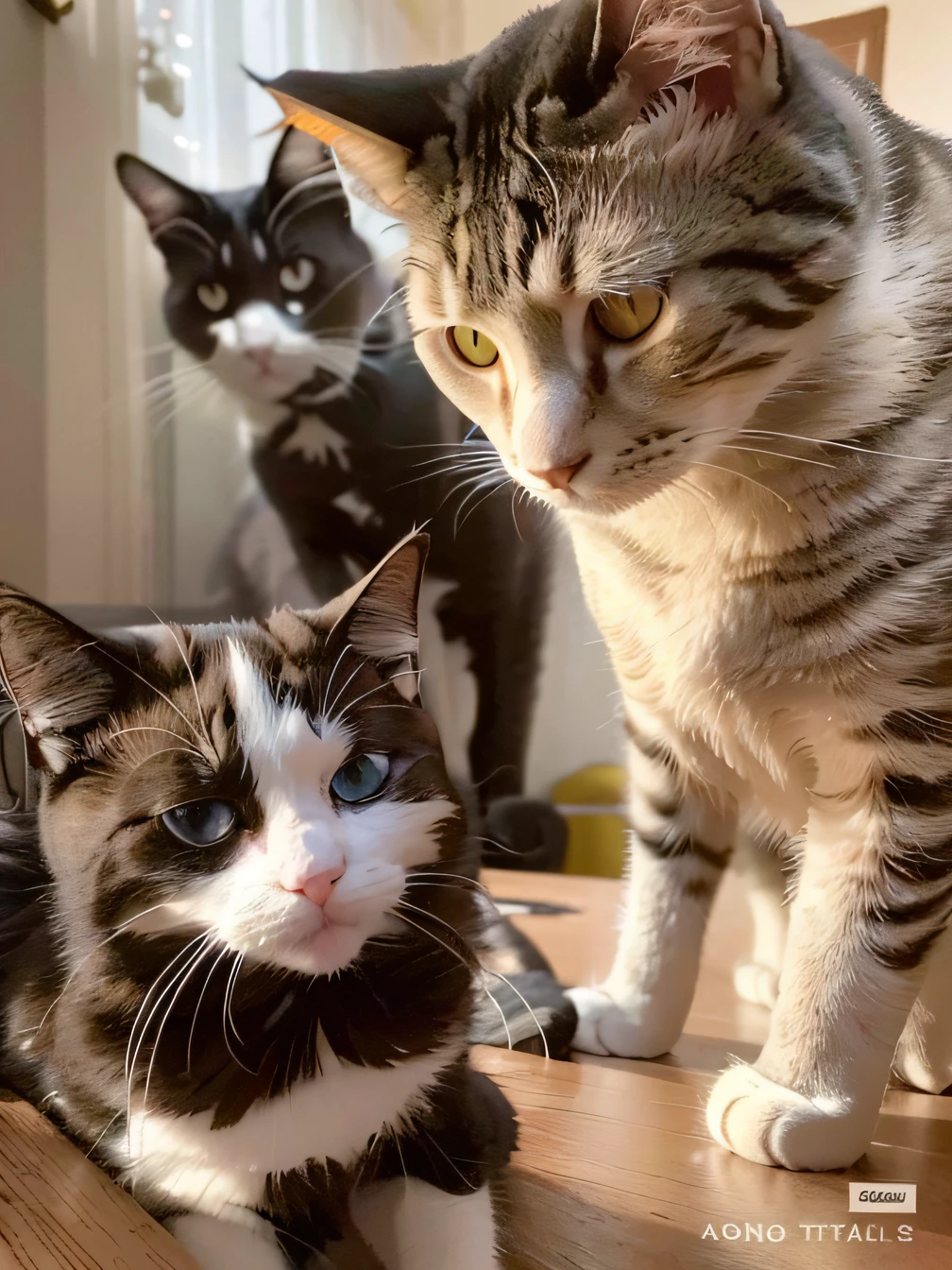 There are two cats sitting at a table，One is looking at the camera, cats on her side, Cats! are around, all looking at camera, Glaring at the camera, Serious face, looking distracted and awkward, meeting of the cats, they are all laying down, with cats on her side, Cats, looking distracted, Pose for Camera