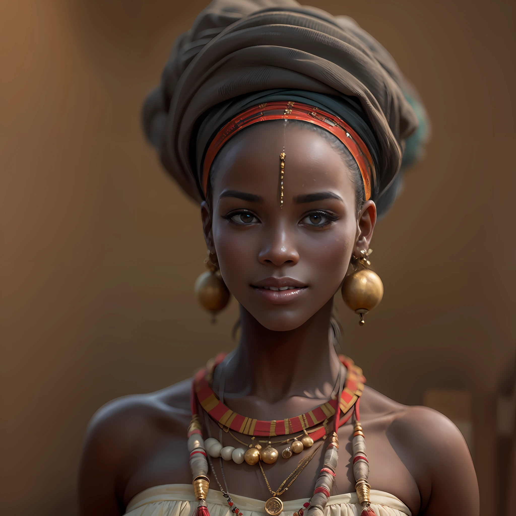 Girl from Mali. Her beautiful dark skin reflects the rich history and vibrant culture of West Africa.. Amara's tender eyes, Like a vast desert, Holding the wisdom of her ancestors. Her curly, Poetry of al-Ban, Embellished with traditional head wraps, Celebrates Mali's heritage and identity. A warm smile radiates the warmth and kindness of financial hospitality. Amara embraces the rich cultural traditions of its nation, From telling old stories to rhythmic Djimbe drumming. With her love of dancing, art, and society, Embodies the spirit of unity and resilience in Mali, Making it a delightful representation of the country's charm.3d render, Realistic, Made in Octane, Cinematic, extremely realistic, Highly detailed octane display, 8K Photorealistic futuristic 50mm solid light lens dark grey tintype photo,
realistic lighting, Dark brown color, dof