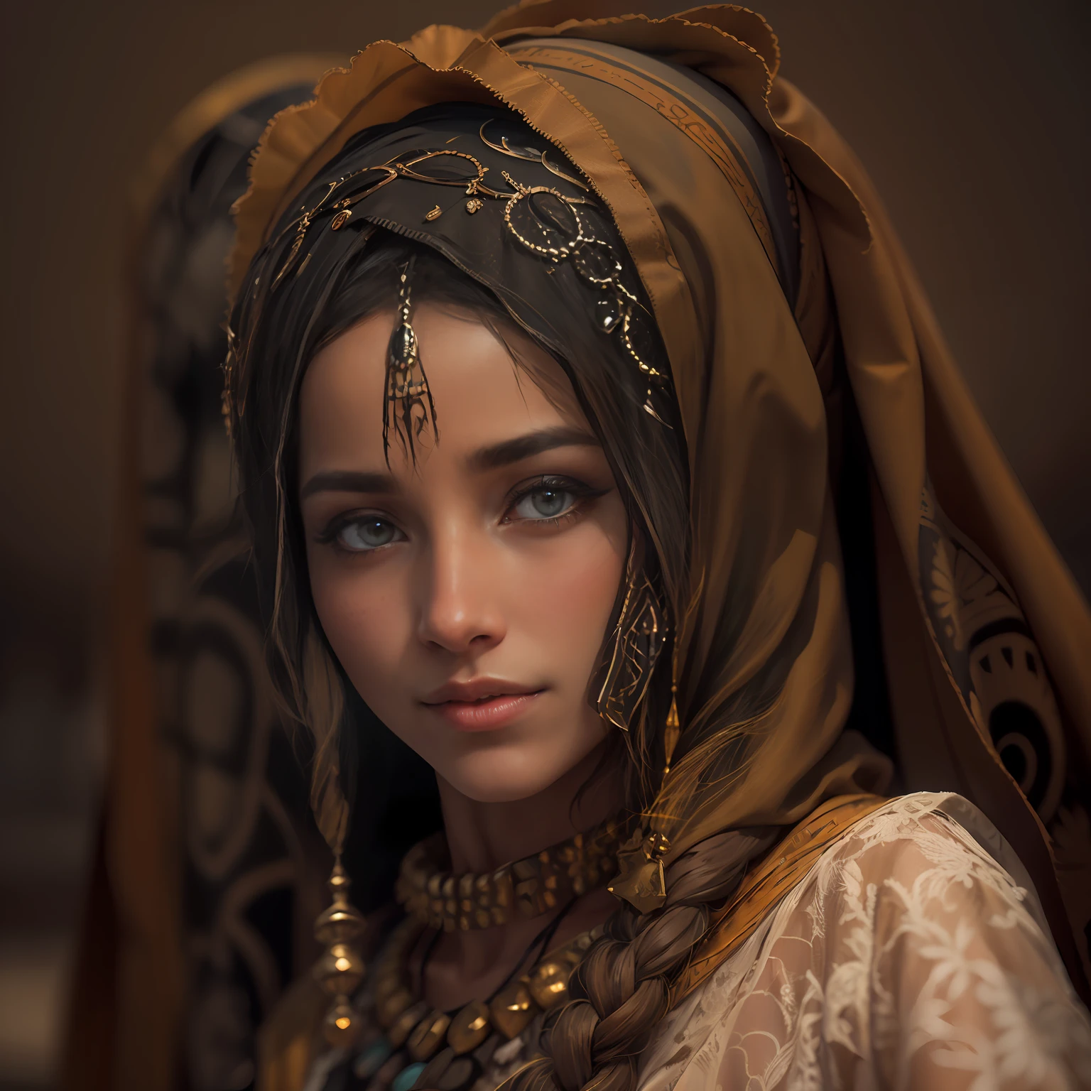 girl from Libya. Her golden complexion reflects the North African sun and the country's ancient history. Leila's deep, expressive eyes, like desert oases, hold the tales of Libya's diverse cultural heritage. Her dark, flowing hair, often adorned with intricate braids, symbolizes the nation's timeless beauty. A warm and welcoming smile embodies the hospitality and generosity of Libyans. Leila embraces her country's rich traditions, from Roman ruins to Berber festivals. With her love for poetry, henna art, and aromatic cuisine, she epitomizes Libya's captivating charm and resilience, making her an extraordinary representation of the country's allure.3D rendering, realistic, made in octane, cinematic, ultra-realistic, extremely detailed octane rendering, 8k photorealistic futuristic 50mm lens hard lighting dark gray tintype photograph,
 realistic lighting, sepia color, dof