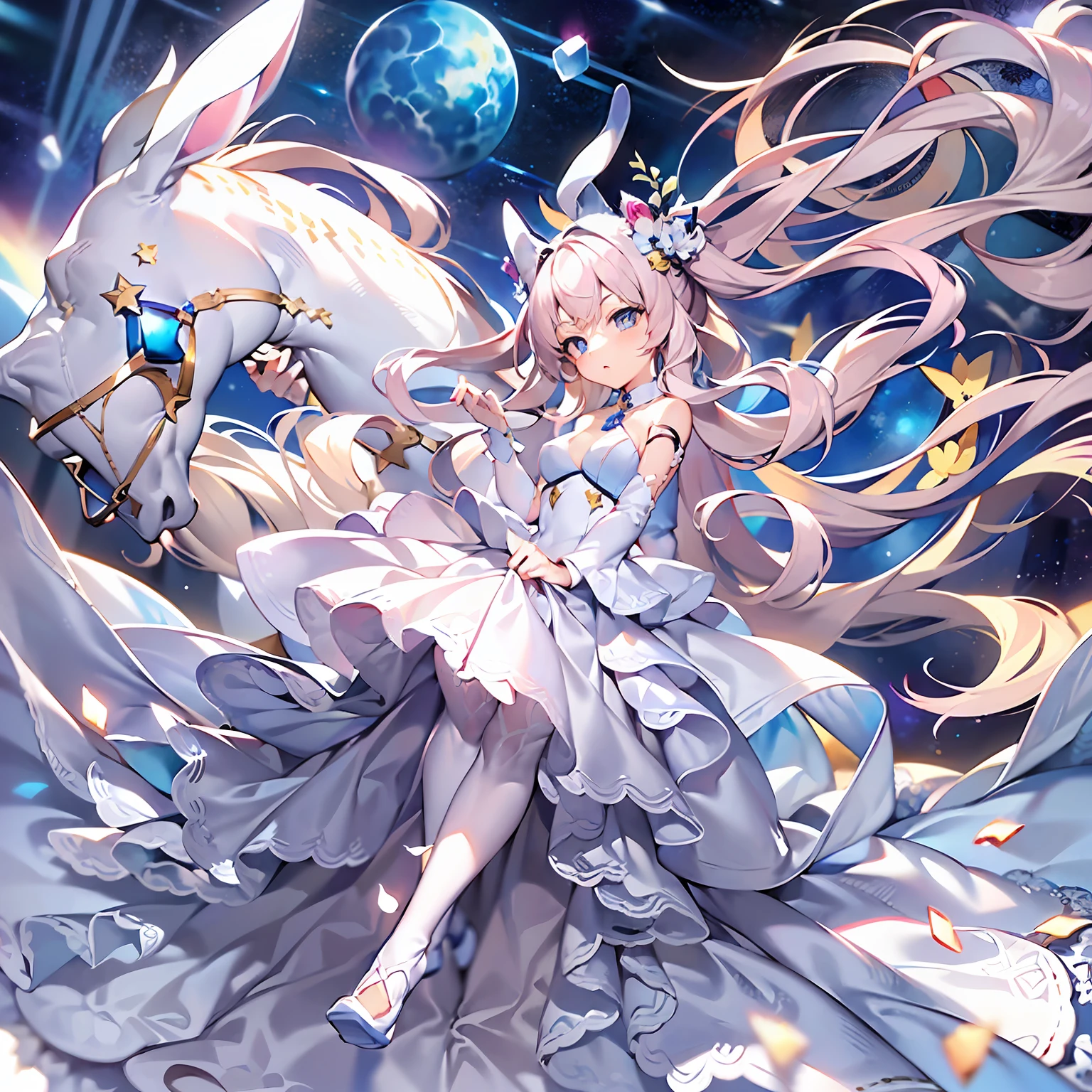 ((masterpiece)), ((best quality)), (ultra-detailed), wallpaper, highest quality, ((an extremely delicate and beautiful)), ((1girl)), (beautiful detailed eyes), cute eyes, elegant pose, (illustration), (dynamic angle), space, white long hair, pony tail hairstyle, dress, not thight clothing, floating in space, detailed backgournd, full body, bunny ear