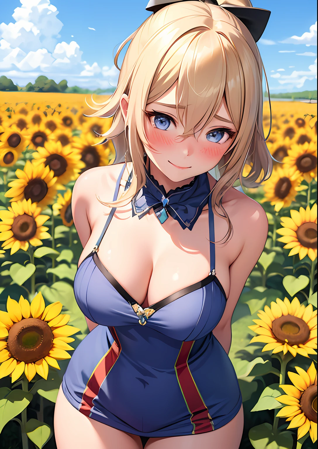1girl, adult woman, (Blushing:1.4), blushed, Smile, Cowboy Shot, Slim body, Small breast, small boobs, Full Body, glowing skin, detailed face, detailed eyes, (Detailed background: sunflowers farm, summer time)