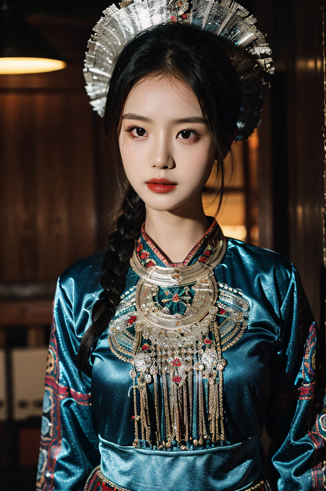 （Hyperrealistic,）4K,35mm，hyper-high detail, Professional lighting, Best quality, Ultra-high resolution, Visually stunning, (1girll:1.1), （Hmong clothing）,realskin,（Perfect body 1.3）Ultra-delicate face。