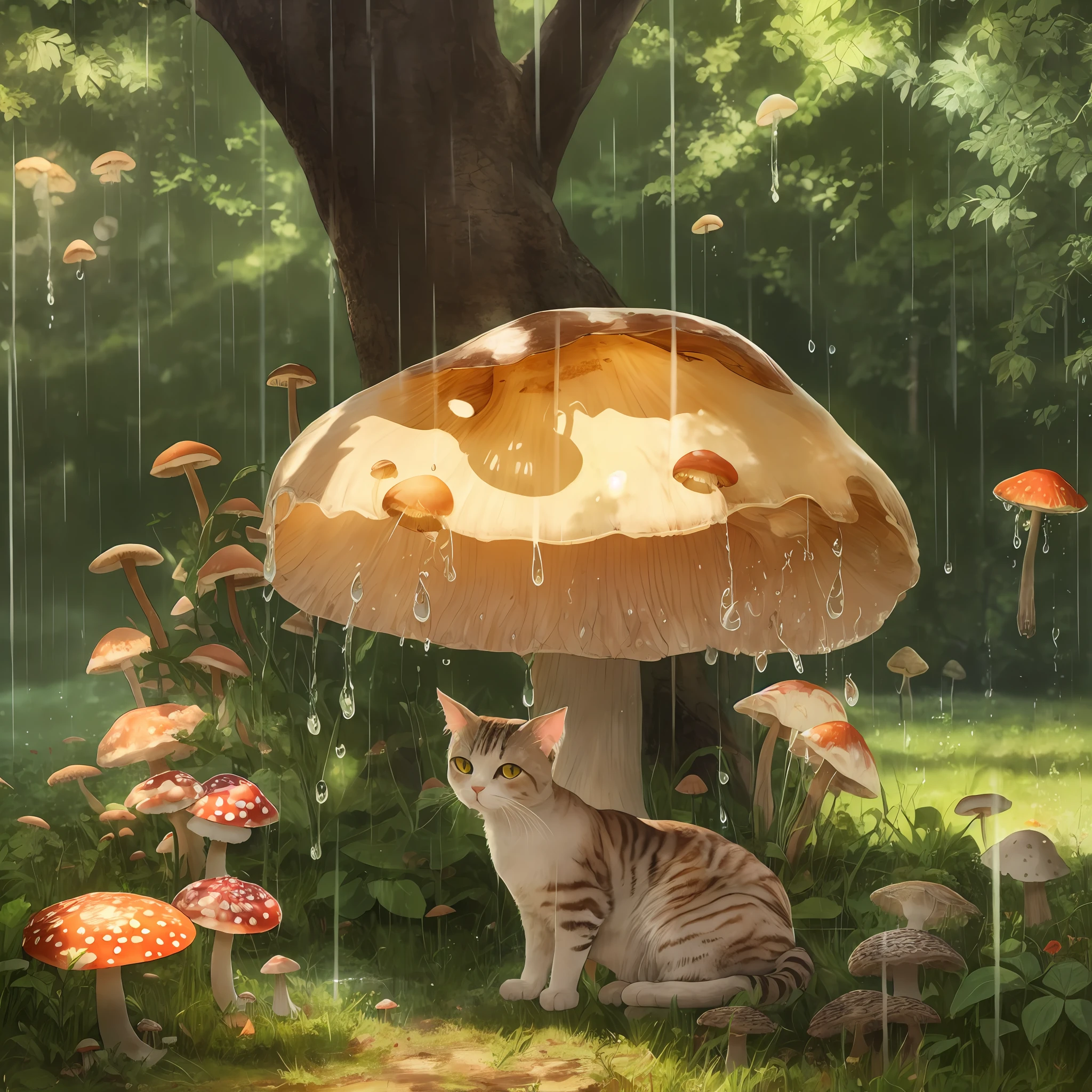 Mushroom,big mushroom,water,under the tree,sunlight,rain,cat under the umbrella
