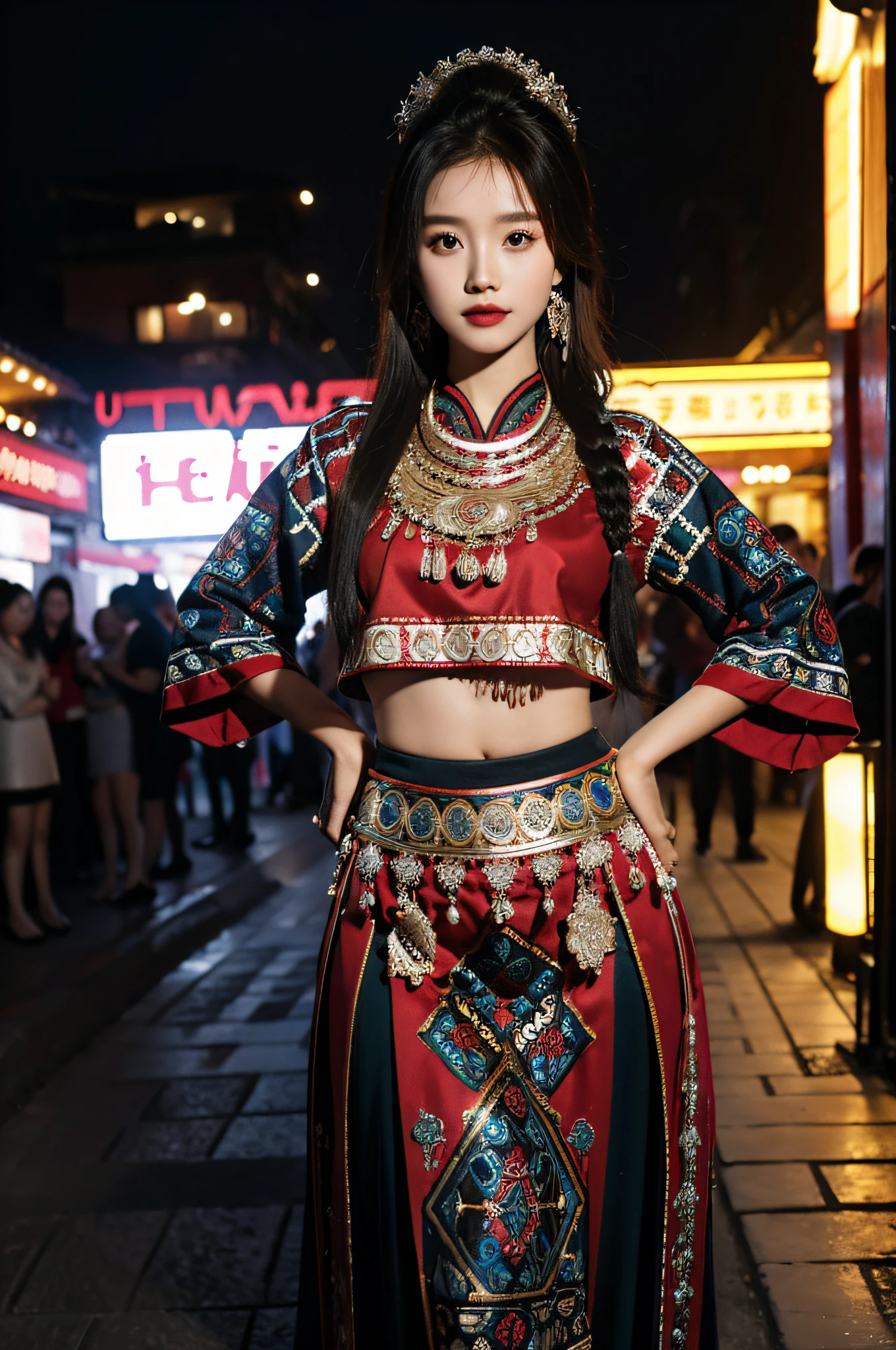 (Hyperrealistic,)4K,35mm,hyper-high detail, Professional lighting, Best quality, Ultra-high resolution, Visually stunning, (1girll:1.1), (Hmong clothing),realskin,(Perfect body 1.3)Ultra-delicate face。