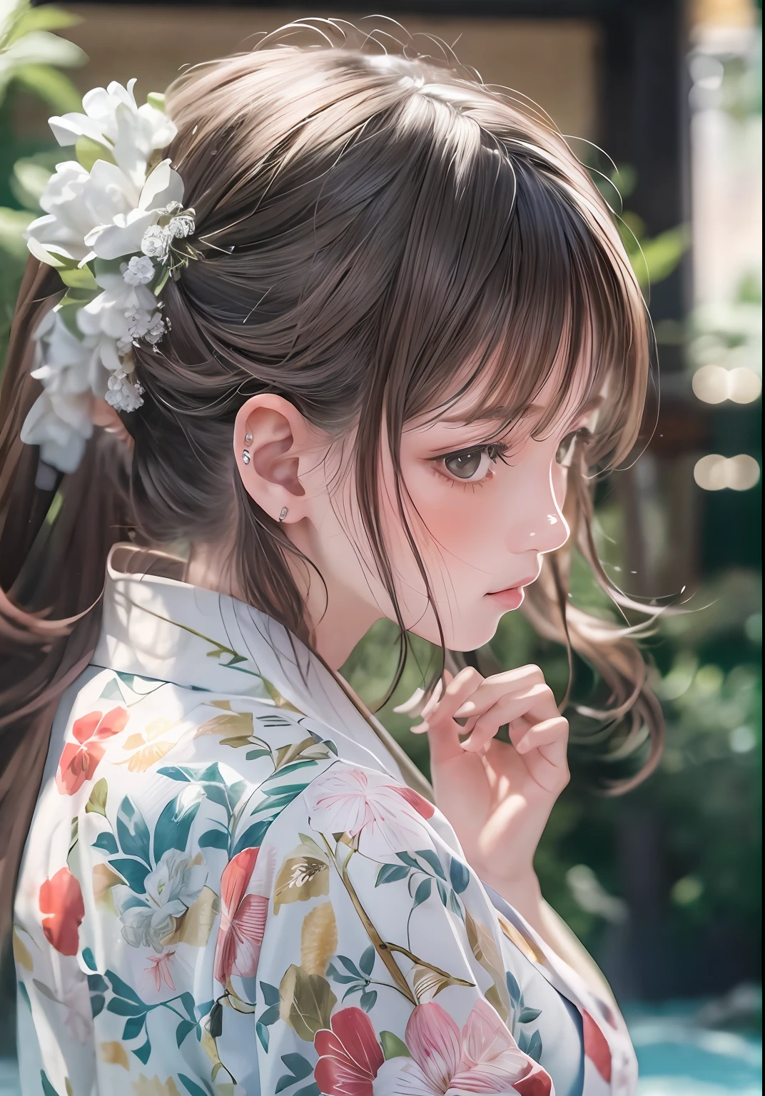 Calm photo、Beauty female 1 person、Super detailed illustration、extra detailed face、Raw photography、skin pore、Beautiful woman wearing yukata、hot onsen、