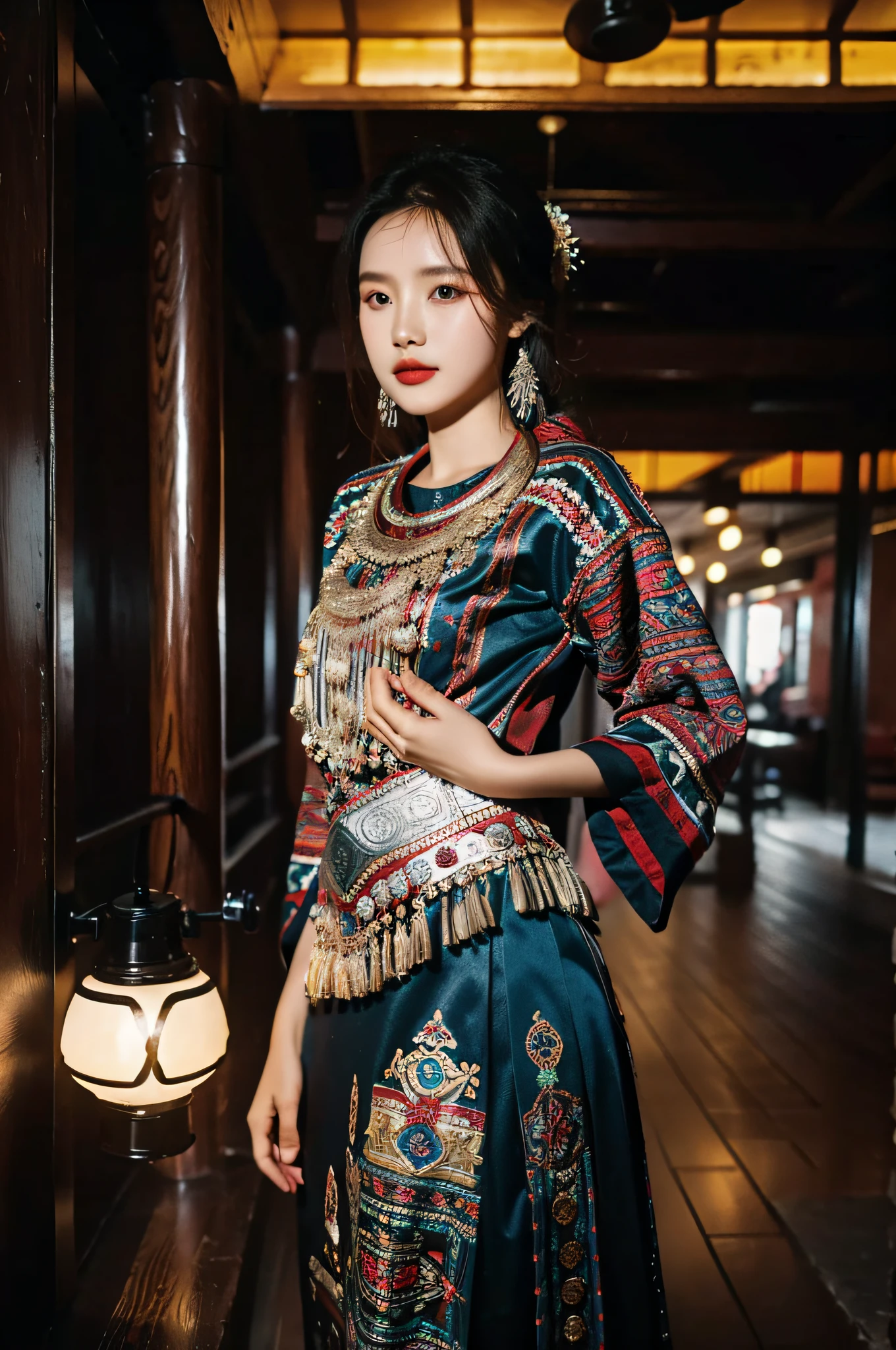 (Hyperrealistic,)4K,35mm,hyper-high detail, Professional lighting, Best quality, Ultra-high resolution, Visually stunning, (1girll:1.1), (Hmong clothing),realskin,(Perfect body 1.3)Ultra-delicate face。