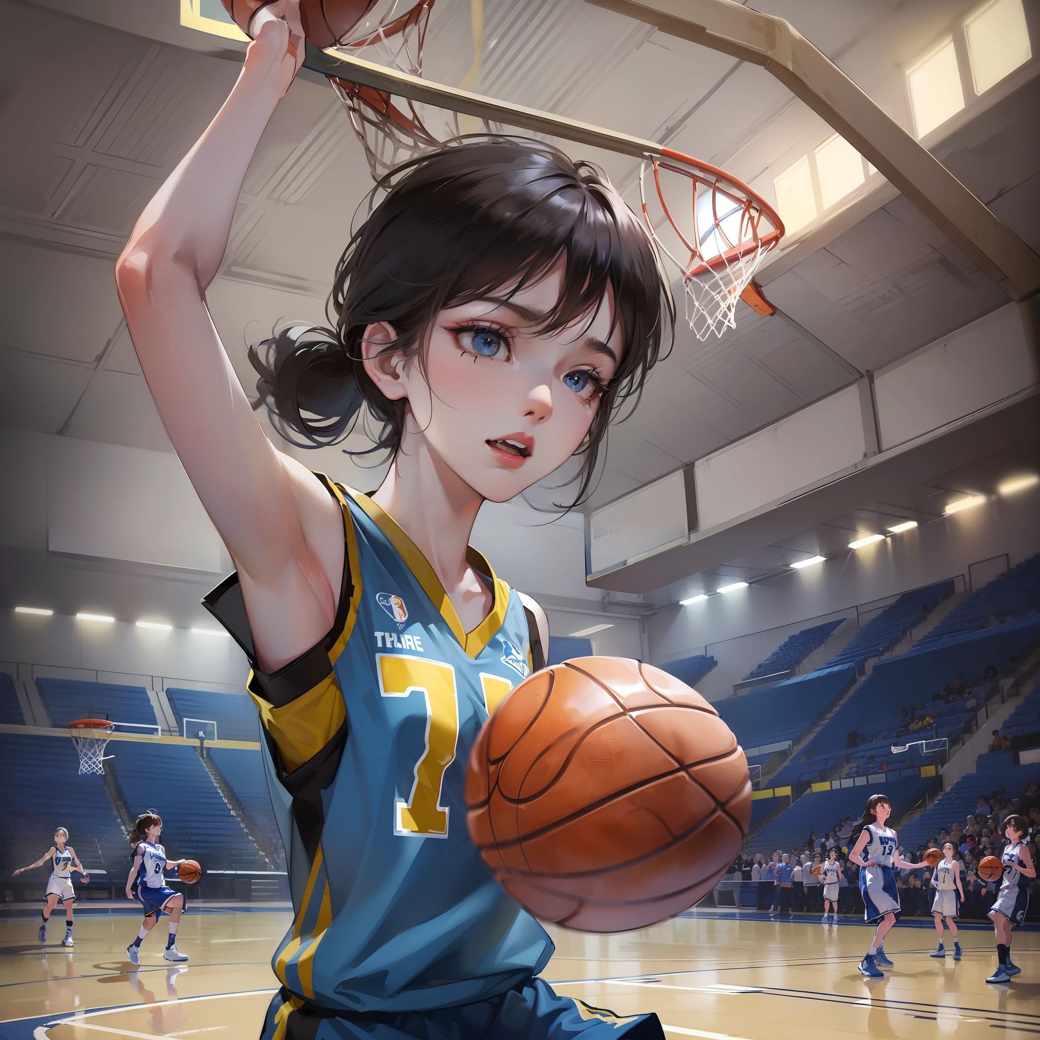 Woman playing basketball (wearing basket_uniform: 1.3), blue and yellow uniform,
Good hands, 4K, high resolution, masterpiece, top quality, head: 1.3, (((Hasselblad photo)), fine skin, sharp focus, (cinematic lighting), night, soft lighting, dynamic angle, [:( detail face: 1.2):0.2],((((inside_basketball_field)))),