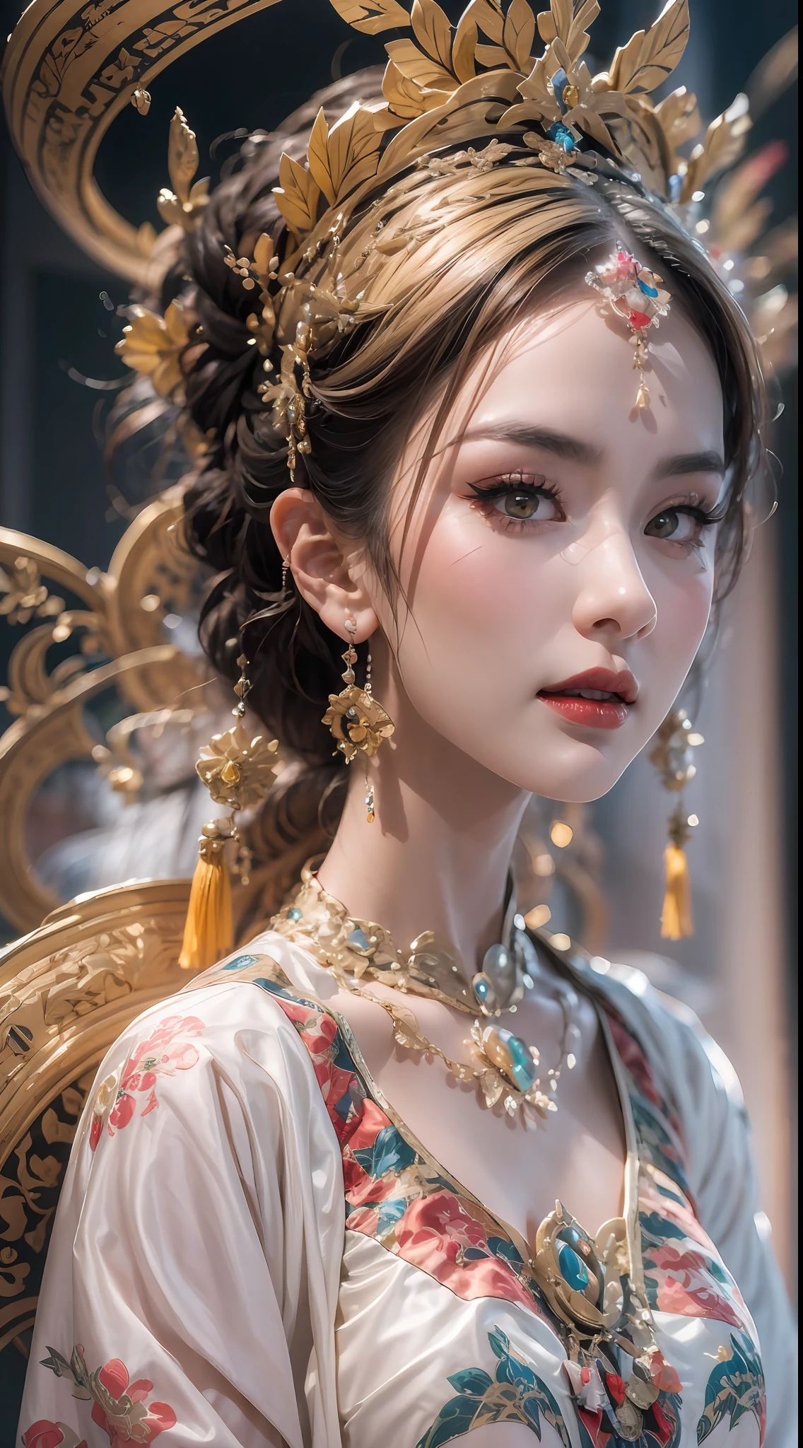 portrait of a beautiful 20 year old holy woman, wearing a thin multicolored silk dress, beautiful face without blemishes, ((natural smile:0.3)), Mouth closed, ((7-color hair length:1.2)), big crown, hair brooch, hanfu dress, chinese ancient style, full body jewelry, forehead tattoo, super even chest, face, red lips, delicate pink and white eyes (white and detailed) cinematic, light and dark, dramatic lighting, magical light, extremely detailed light, true color, super sharp, realistic, 8k quality, fantasy universe background, saints and magical space, the most detailed images,