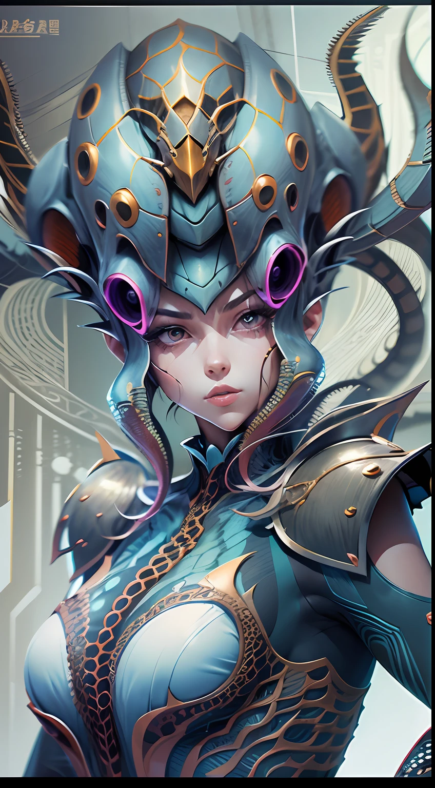 Cartoon photo of a woman in costume、Hot Octopus Humanoid Female、a person々takeout、Guyver Style、SFW version、Scarabeleploid、tail、Cel Shade Adult Animation、Alien Queen、
