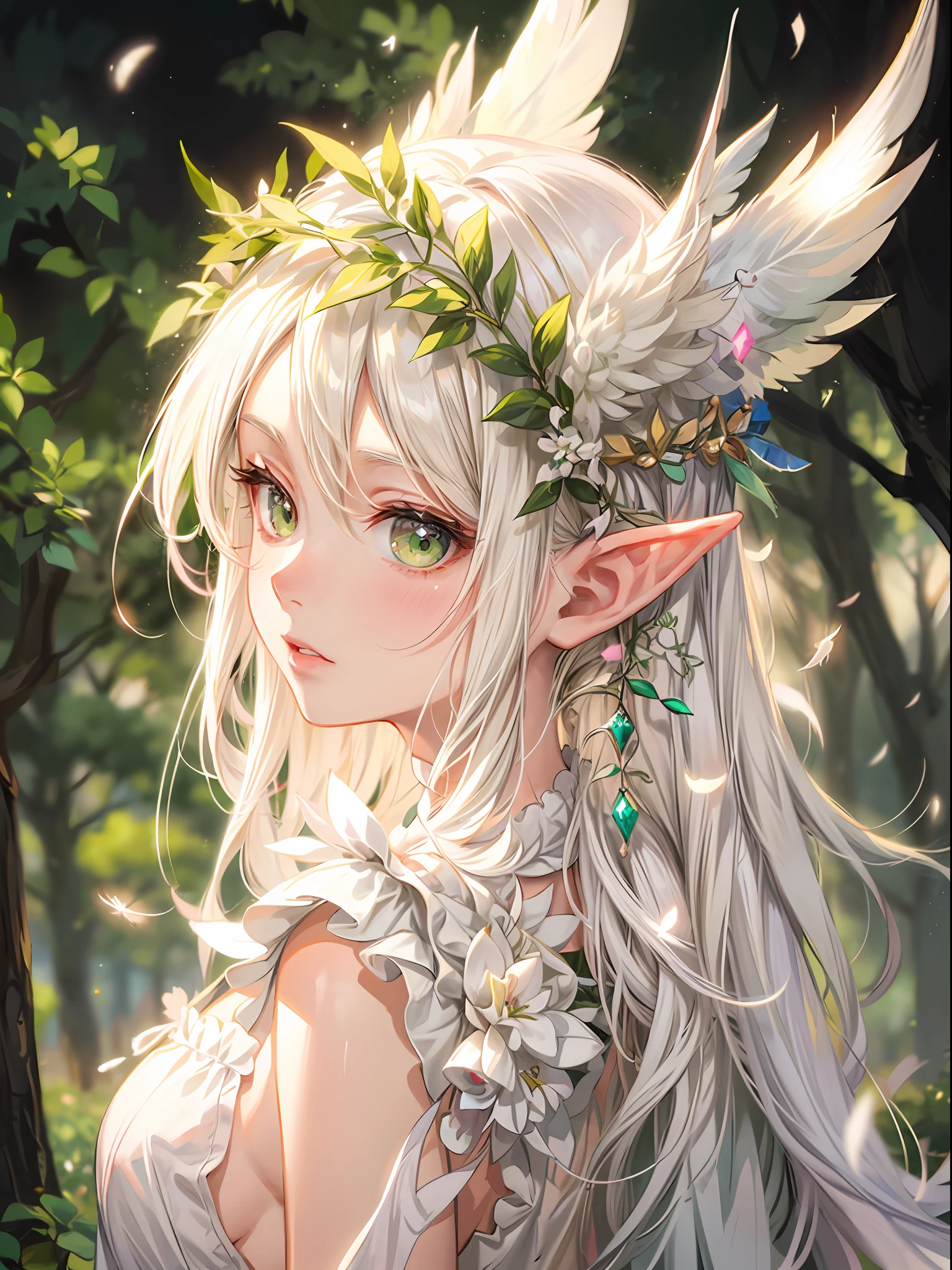 anime, anime girl, blonde, white hair, green eyes, white dress, feather, flower, hair, feather, feather, feather, feather, feather,, elf girl, elf princess, beautiful and elegant elf queen, portrait of an elf queen, an elf queen, elf girl wearing an flower suit, a portrait of an elf, beautiful fantasy anime