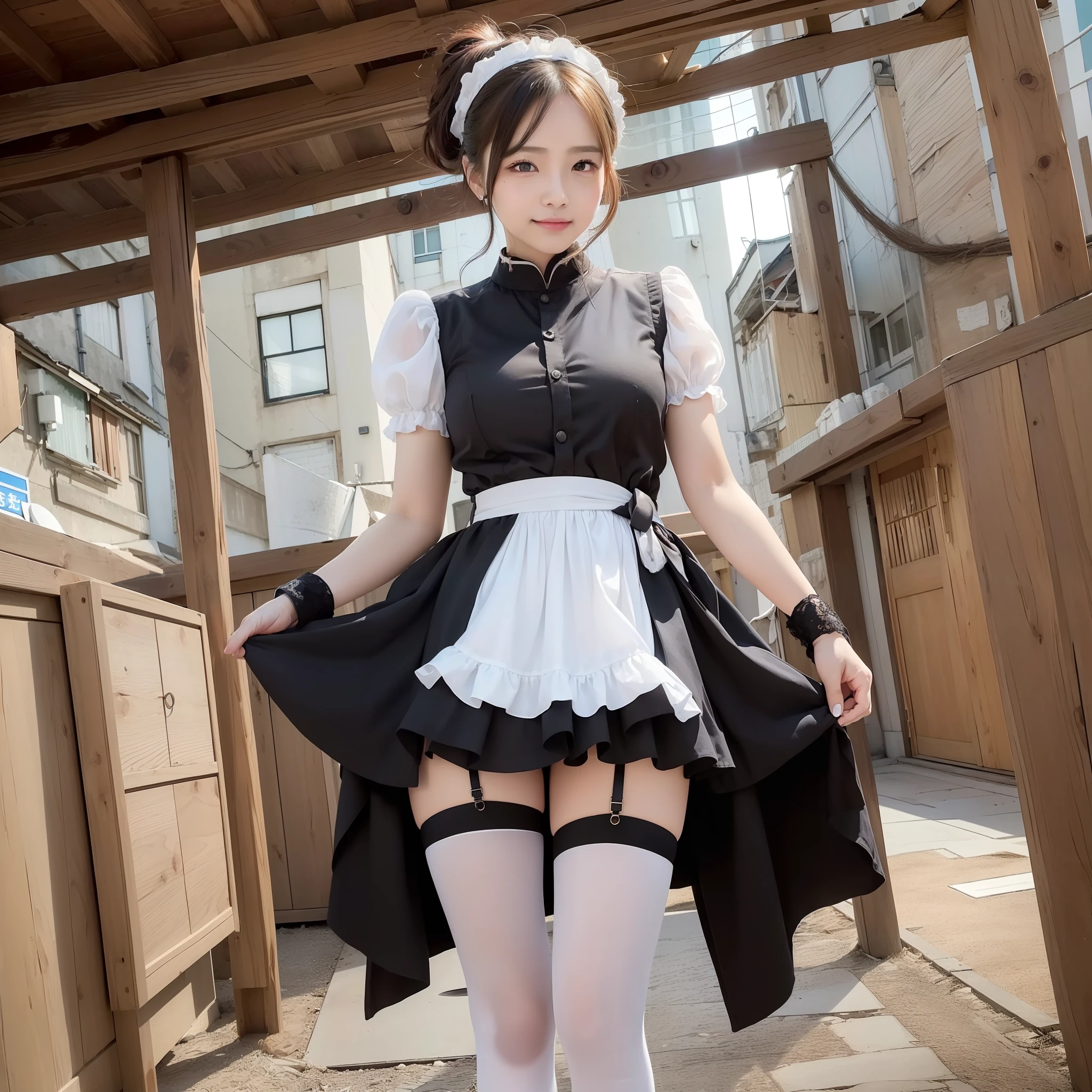 ((top-quality、in 8K、masterpiece、Photorealsitic:1.3、realisitic))、1girl in、beautiful japanese female、adult lady、Beautie、adult-like、Gentle face、A slight smil、Full body posture、knee high stockings、accessorized、Maids、western building、