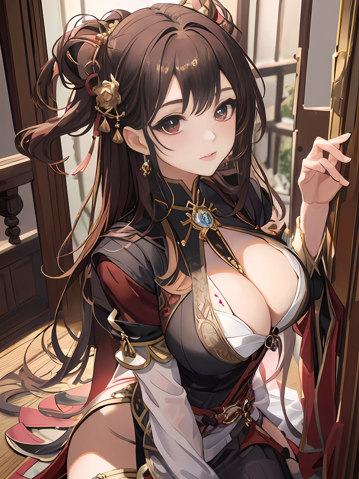 With intricate details and magical accents, this is a fantasy-inspired cosplay outfit. Beautiful Japan idol girl, cute face, big breasts, brown and burgundy two-tone hair, extreme close-up face, masterpiece, full body shot, masterpiece, 8 life, beautiful hands, beautiful fingers, full body portrait,