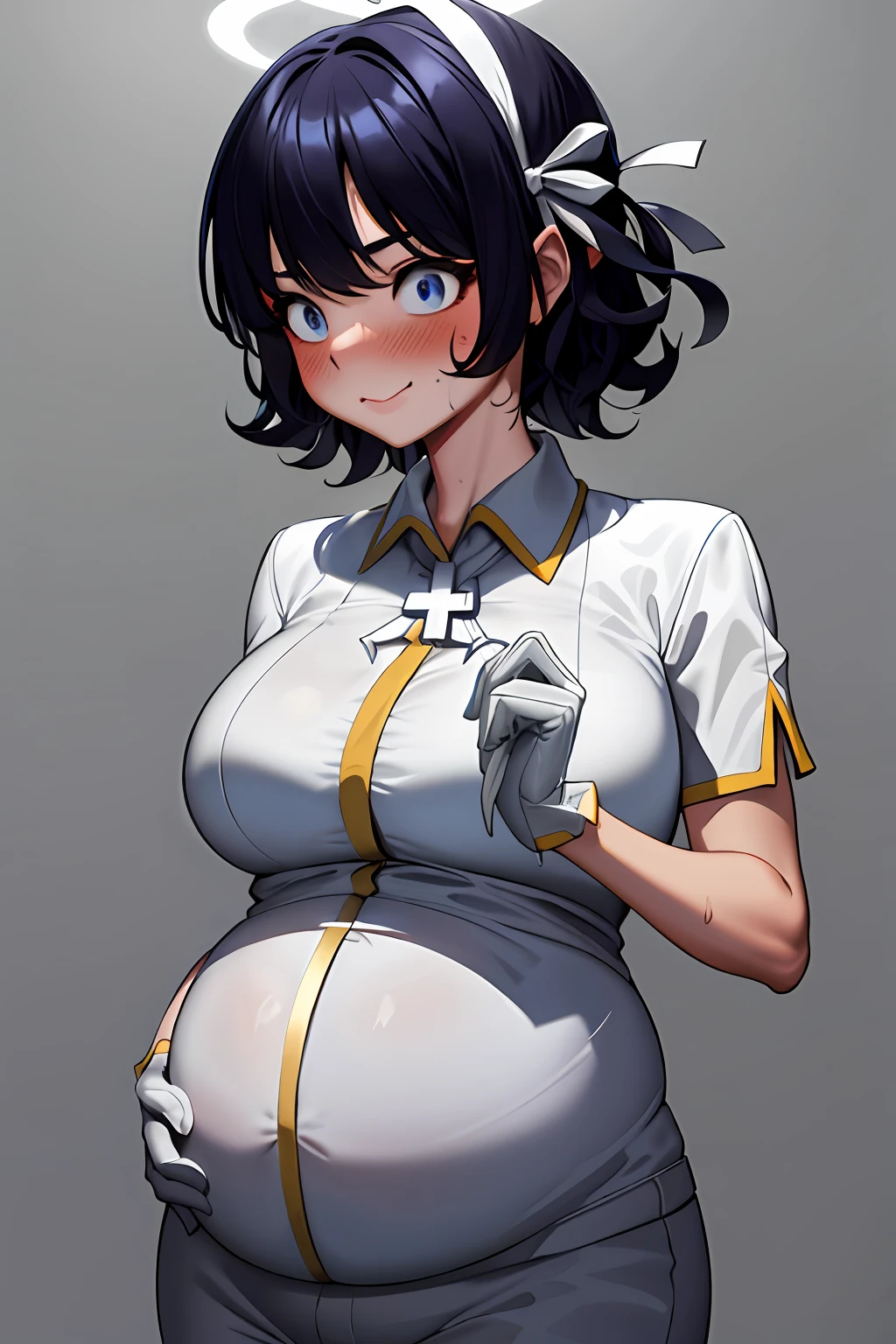 Masterpiece, Best quality, 1girll, ribbon, Halo, Blue eyes, 鎖骨, White ribbon, White gloves, Smile, Cross, Sweat, shirt, Collared shirt, Black hair, Short hair, Short sleeves, Pants,Large breasts, Blush, Hair ribbon, view the viewer, White shirt, mitts, (wavy mouth), Simple background,Pregnant belly, maternity attire for pregnant women，maternity dress，pregnant belly，Pregnant belly