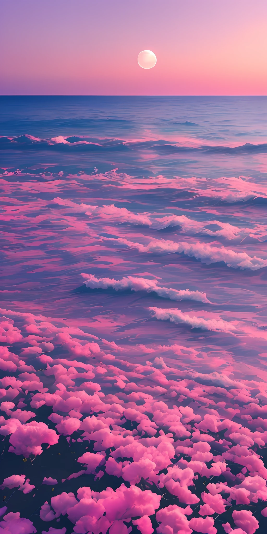 late sunset,Purple flowers grow on the beach, fluffy pink anime clouds, Pink clouds, cotton candy cloud, looking out at a pink ocean, vaporwave surreal ocean, vaporwave ocean, clouds and waves, clouds、Wings and waves, pink clouds in the sky, dramatic pink clouds, liquid clouds, pink clouds background, Glowing clouds, Pink sunset, Pink reflections