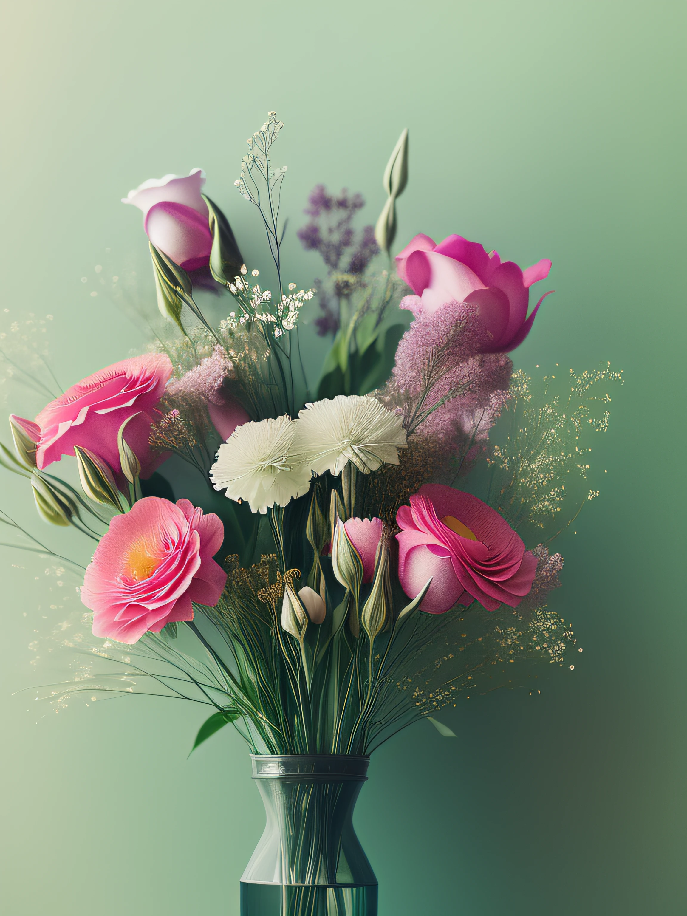 fresh flowers，Floral packaging，Romantic flowers，Real shooting，Dark background，Artistically，Ambient light effects，High quality details，Delicate texture，8K，Cinema lenses，Real shooting