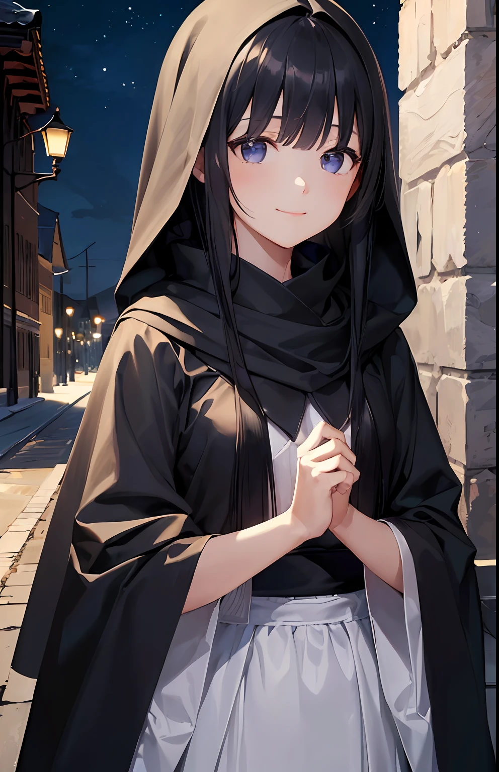(illustratio)、(hight resolution)、(8K)、(ighly detailed)、(Best Illustration)、(beautifully detailed eyes)、(top-quality)、(ultra-detailliert)、(​masterpiece)、(wall-paper）、（A detailed face）、独奏、1 girl in、looking at viewert、fine detailed、A detailed face、in the darkness nigth、deep-shadows、lowkey、a smile、Long、Black shawl straight hair、46-point diagonal bangs