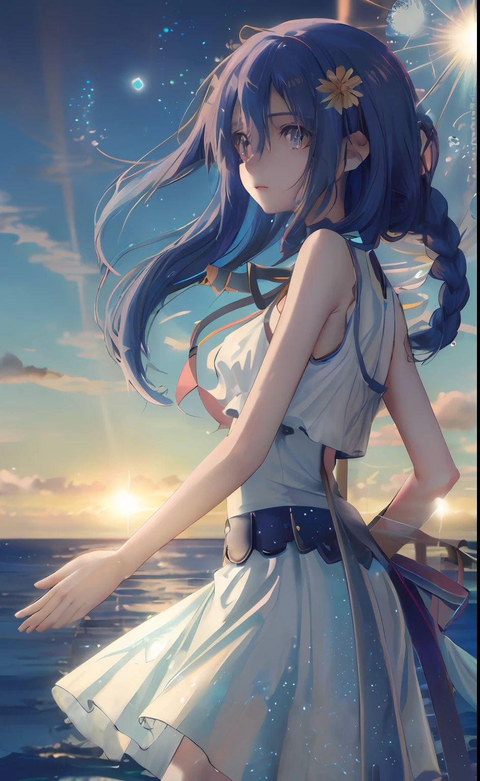 art by Cornflower, dready (A petite girl with beautiful detailed eyes. The depth of field in the photo is perfect and the lens flare adds a nice touch. The fine details on her face really stand out, score because of this photo Definitely greater than 10. In the background, there is a beautiful ocean with clear water and water droplets on the surface