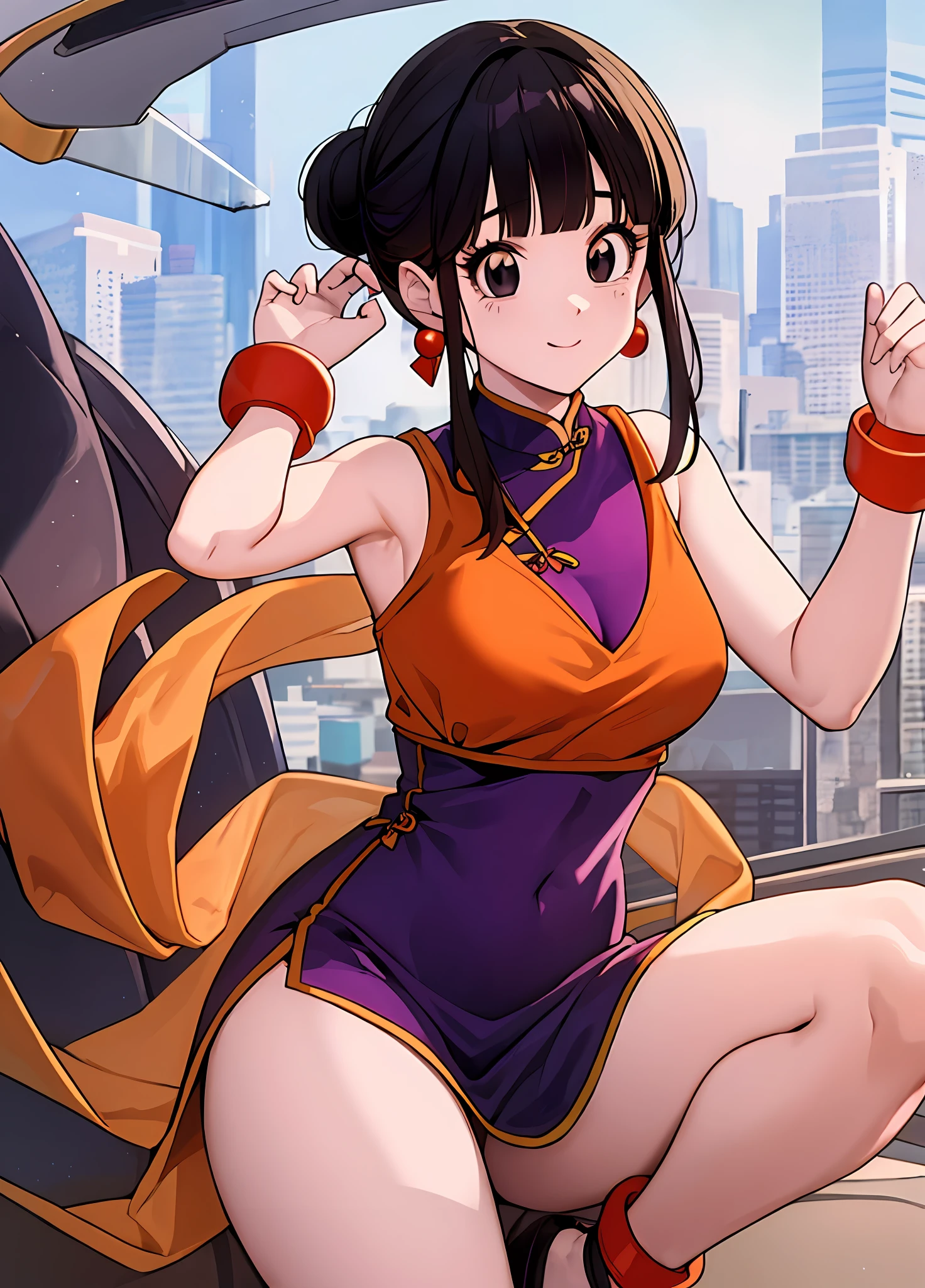 masterpiece, best quality, highest quality, perfect anatomy, perfect face, perfect eyes,
1girl, dbzch1ch1, sidelocks, bangs, single hair bun, hair bun, (black eyes), orange pashmina wrap, red sphere earrings , red wristbands, purple cheongsam, sexy  pose, sexy legs