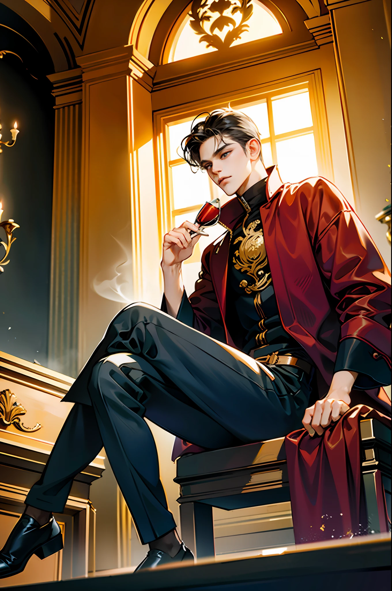 (masterpiece:1,2) best quality, masterpiece, highres, original,extremely detailed wallpaper, perfect lighting,(extremely detailed CG:1.2), drawing, paintbrush.
(Ridiculous, intricate intricate detail, masterpiece, best quality, grade High resolution, 8K of)(1 person)((Male :1.2))((Mystery man)), (sitting on the couch), shiny hair, thick hair, no hair on forehead, perfect gangland hairstyle, backward hair without bangs, overlapping legs, male legs, very short hair, Best ratio of four fingers to one thumb, (holding a red wine glass in hand)(shirt), (wide environment)(suit) Black eyes, fantasy, dark fantasy, perfect hand, in dark basement, medium large shot, fantasy, Rome, Clavijod, (Baroque period architecture), in the auditorium, best light and shadow