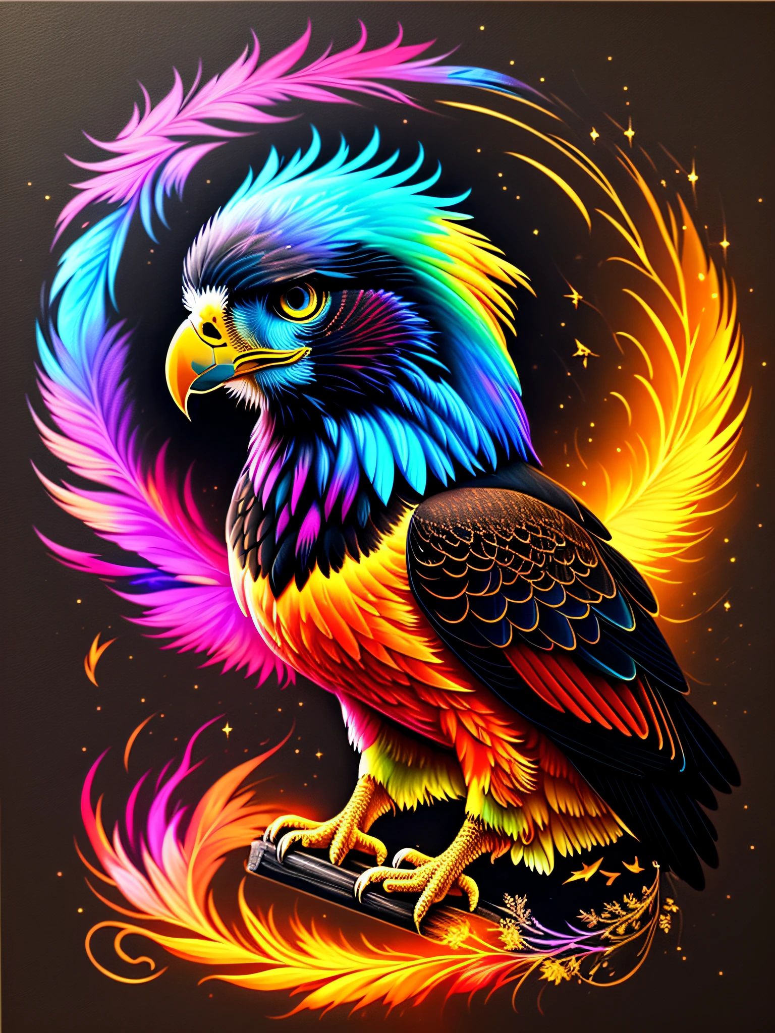 a painting of a colored eagle on a black background,, breathtaking rendering, within a radiant connection, inspired by Kinuko Y. Craft,, magical elements, kitten icon, wow, is beautiful, casting a multi colorful spell, bright flash, flash