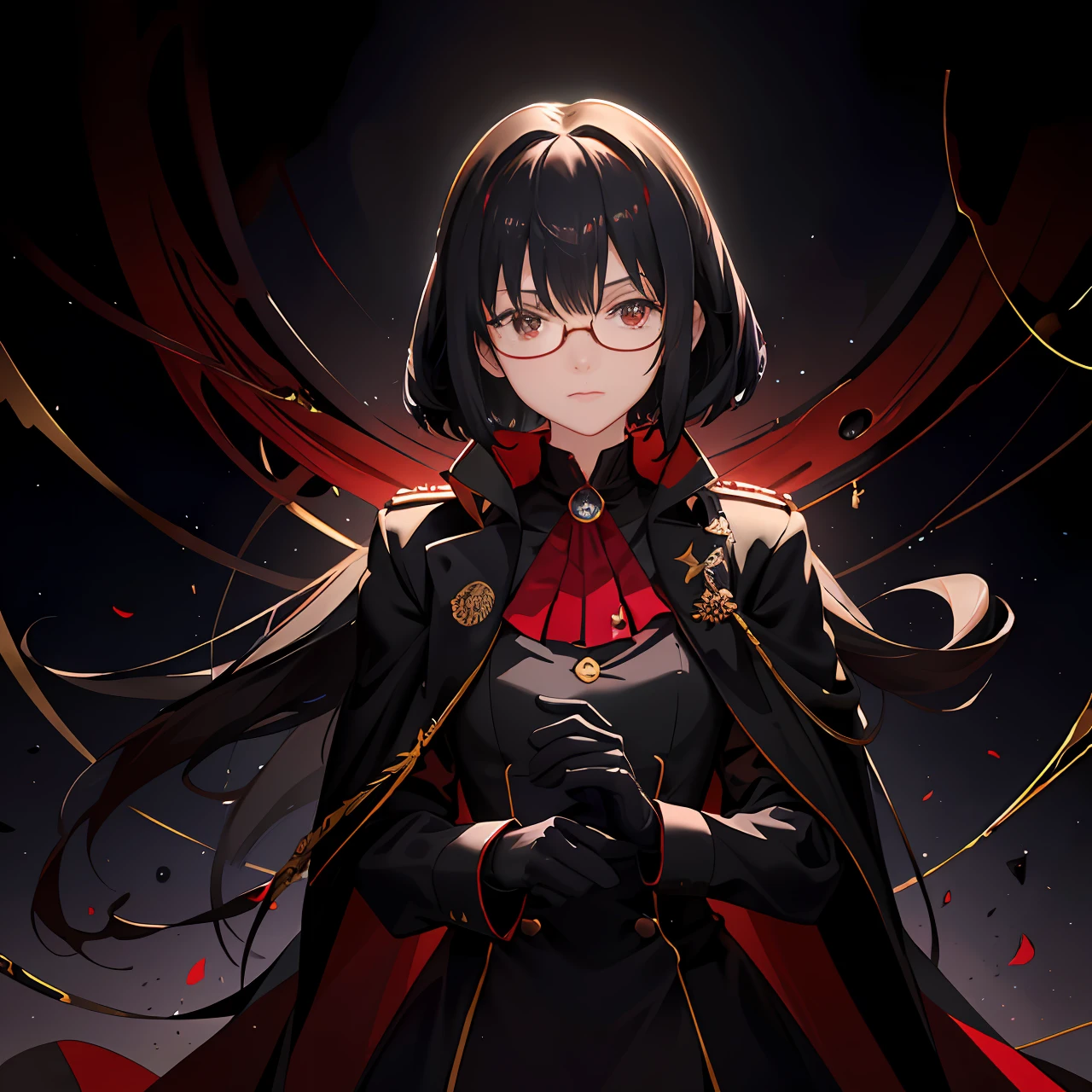 8k,ultraclear,anime wallpaper,An extremely delicate and beautiful,carismatic,Exquisite cinematic lighting,Short fluffy black hair,Blood-red eyes,teens girl,Solid black trench coat,army suit,Black gloves,magister,the emperor,black-frame glasses,The terrace of a luxurious palace,full of lights,nighttime scene