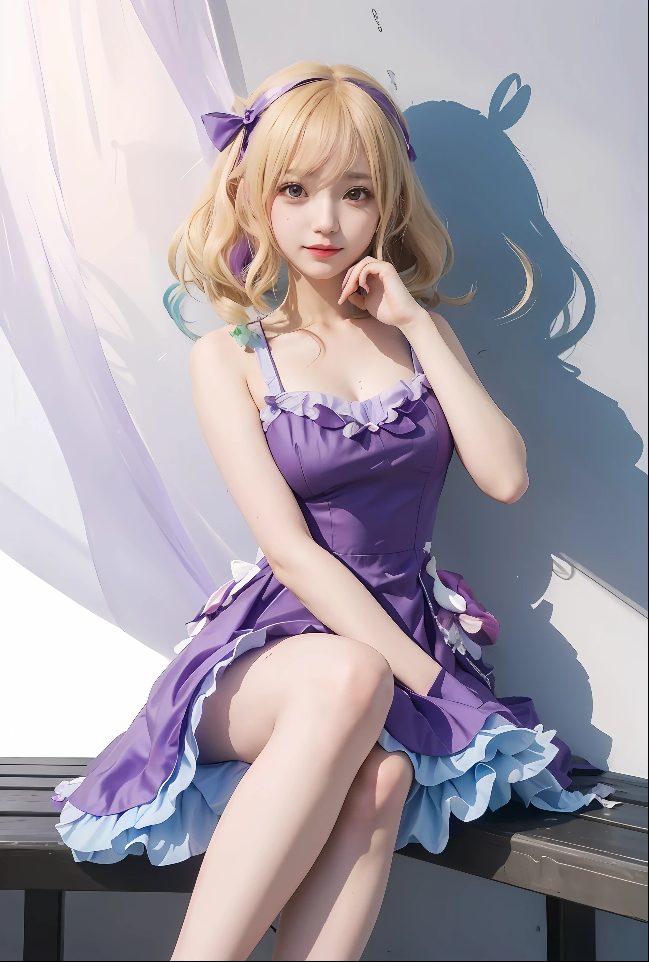 there is a woman sitting on a bench wearing a purple dress, anime girl cosplay, anime cosplay, cute anime waifu in a nice dress, loli in dress, ayaka cosplay, cosplay, loli, anime goddess, cosplay photo, hanayamata, cosplayer, seraphine ahri kda, lux from league of legends, macross frontier