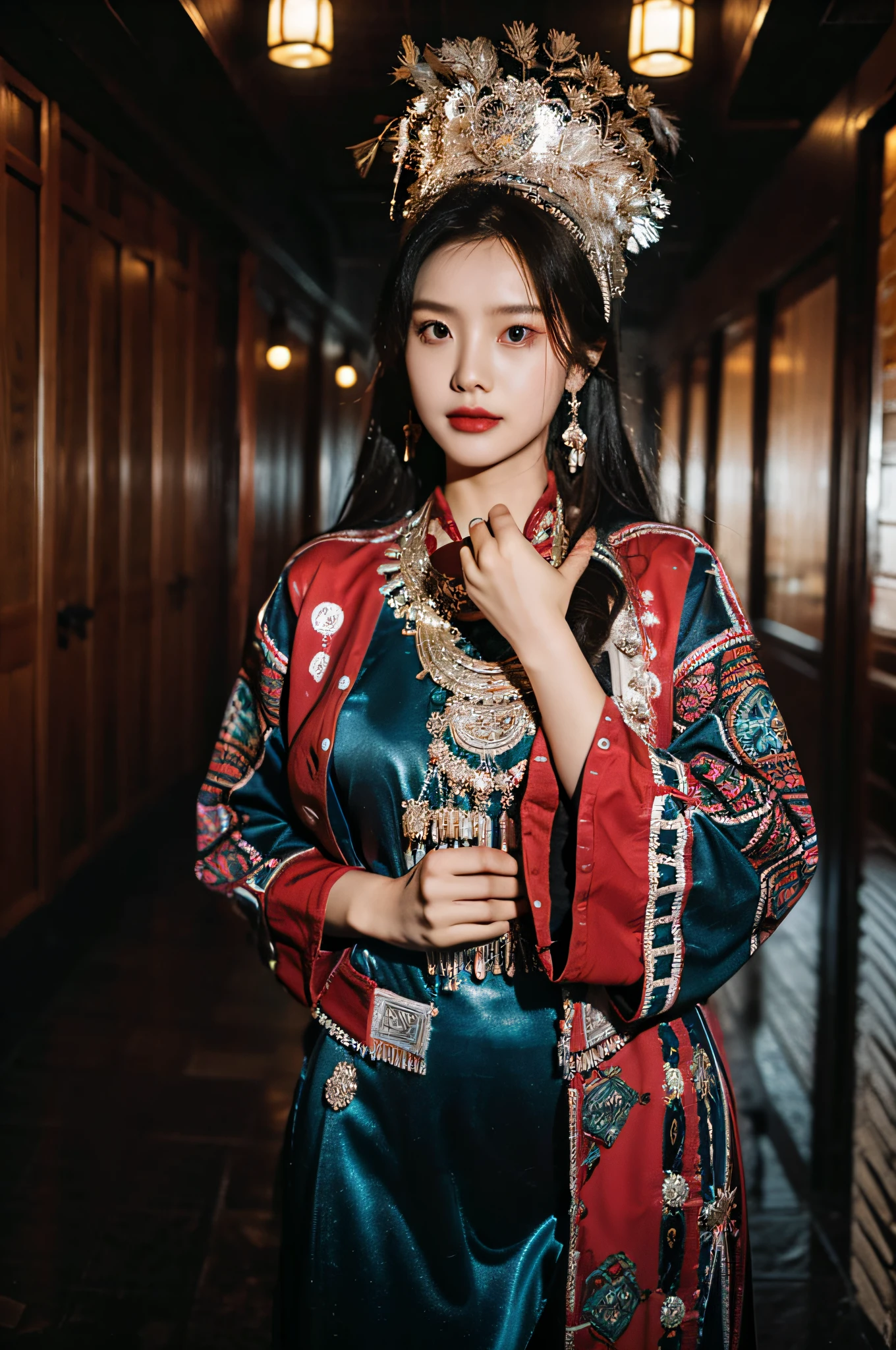 Hyperrealistic,)4K,35mm,hyper-high detail, Professional lighting, Best quality, 超高分辨率, Visually stunning, (1girll:1.1), (Hmong clothing ),realskin,(Perfect body 1.3)Ultra-delicate face。