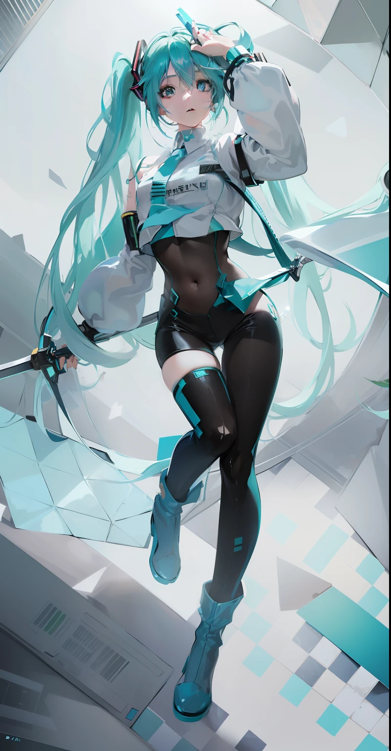 Anime girl with long blue hair and white shirt holding sword, mikudayo, Hatsune Miku, Anime moe art style, android heroine, official character art, Portrait of Hatsune Miku, Os amigos, Anime girl with teal hair, Best anime 4k konachan wallpaper, !!Full body portrait!!, full body commission for, hatsune miku portrait