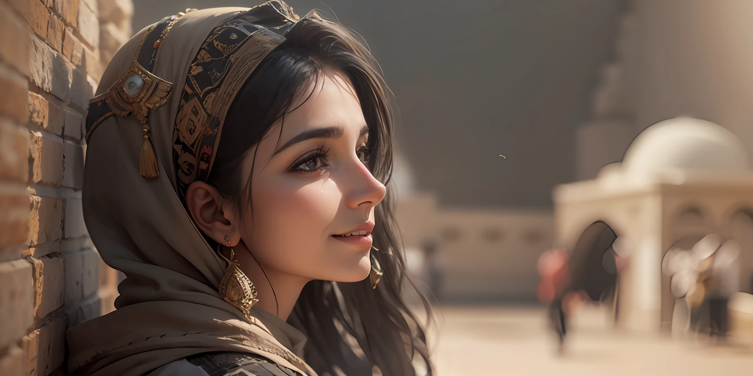 girl from Syria. Her warm olive skin reflects the sun-soaked landscapes and the rich cultural history of her homeland. Layla's deep, expressive eyes, like the Euphrates River, hold the strength and resilience of the Syrian people. Her dark, flowing hair, often adorned with delicate accessories, symbolizes the country's blend of tradition and beauty. A warm and welcoming smile embodies the Syrian hospitality and warmth. Layla embraces her nation's storied past, from ancient ruins to vibrant souks. With her love for traditional music, exquisite cuisine, and family values, she epitomizes Syria's enduring spirit and captivating allure, making her an extraordinary representation of the country's grace., art, and zest for life.3D rendering, realistic, made in octane, cinematic, ultra-realistic, extremely detailed octane rendering, 8k photorealistic futuristic 50mm lens hard lighting dark gray tintype photograph, realistic lighting, sepia color, dof,concept art, extremely detailed, ultra hd,