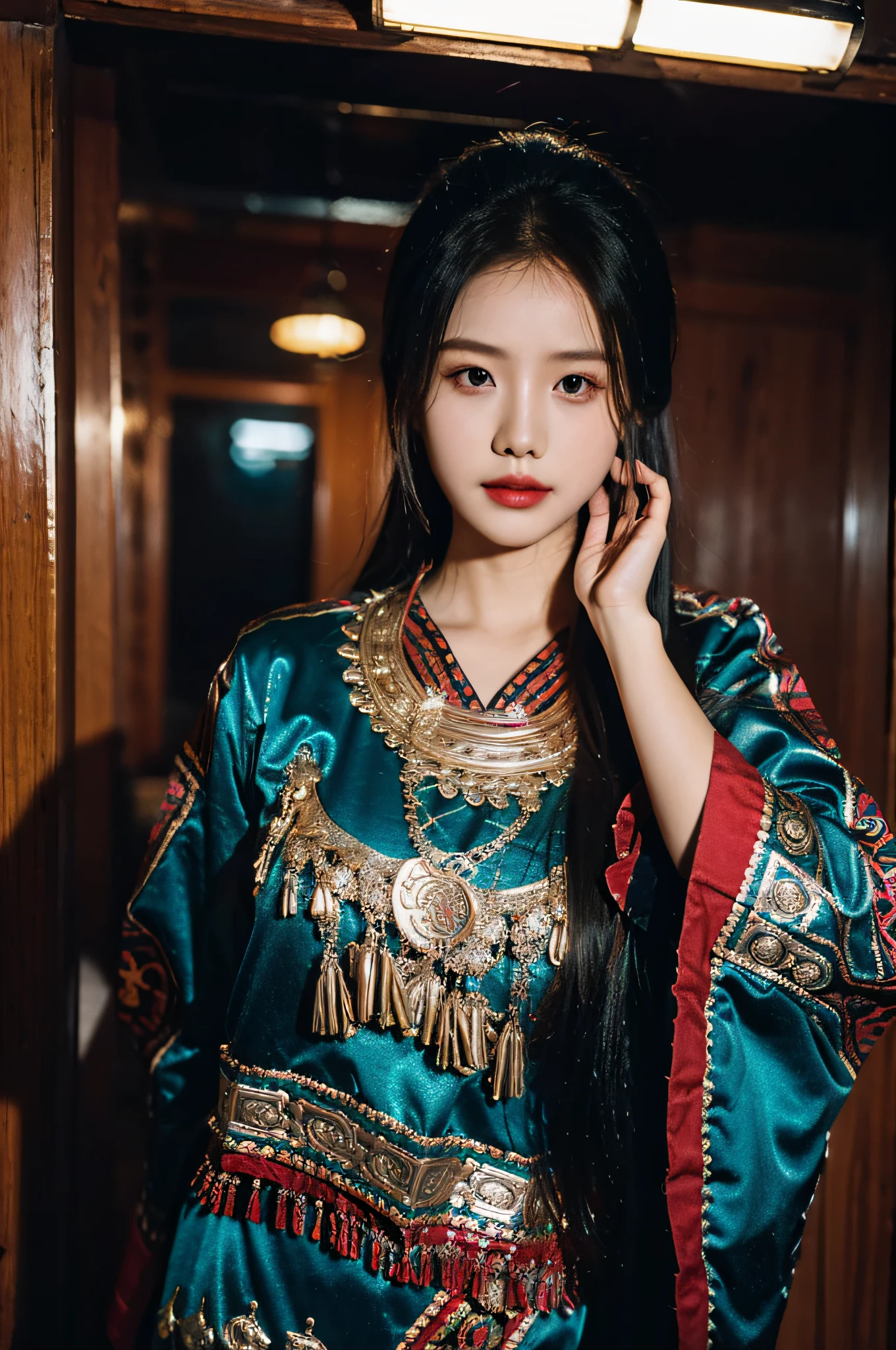 Hyperrealistic,）4K,35mm，hyper-high detail, Professional lighting, Best quality, 超高分辨率, Visually stunning, (1girll:1.1), （Hmong clothing ）,realskin,（Perfect body 1.3）Ultra-delicate face。