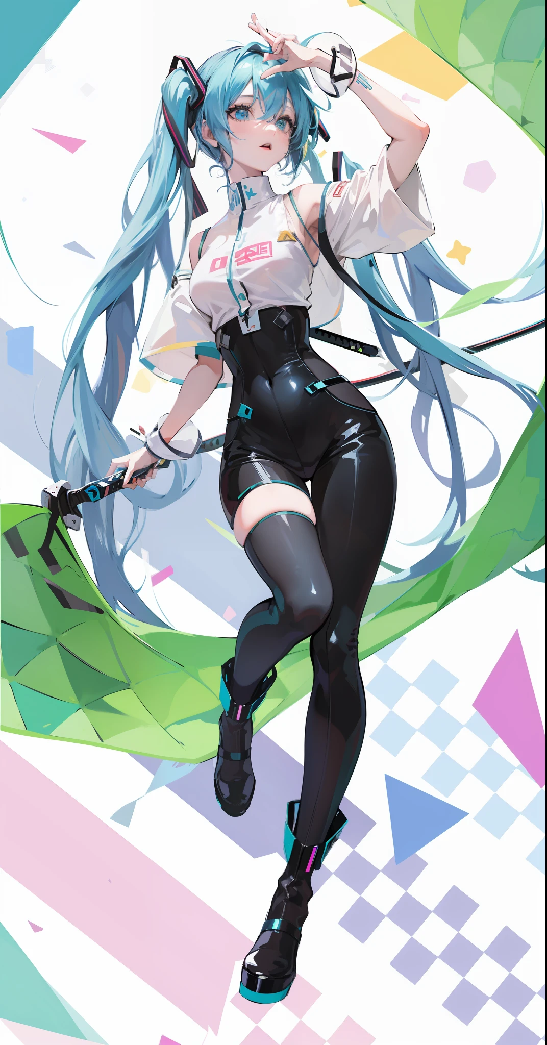 Anime girl with long blue hair and white shirt holding sword, mikudayo, Hatsune Miku, Anime moe art style, android heroine, official character art, Portrait of Hatsune Miku, Os amigos, Anime girl with teal hair, Best anime 4k konachan wallpaper, !!Full body portrait!!, full body commission for, hatsune miku portrait