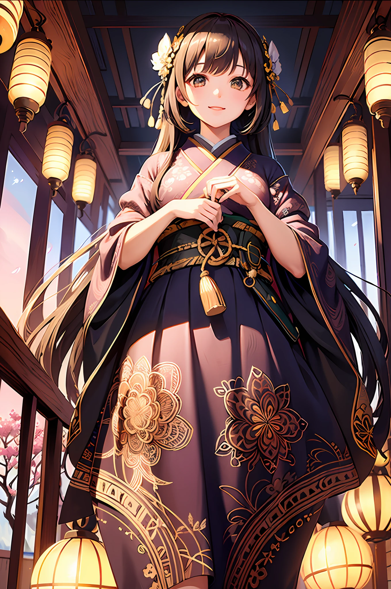 masterpiece、hight resolution、ultra-detailliert、(Ultra detailed backgrounds、detailedbackground)、8K、ighly detailed、1girl in、(Zentangle:1.3)、(Geometry:1.42)、(symmetry:1.4)、(Japan 16 year old girls)、(Eight-headed body)、florals、cherry trees、Colors of the four seasons、Muted colors、Smiling、Photograph the whole body、frombelow、Back lighting、Backlighting、