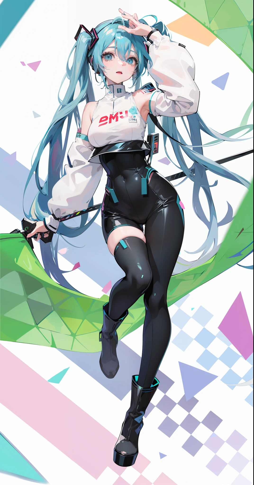 Anime girl with long blue hair and white shirt holding sword, mikudayo, Hatsune Miku, Anime moe art style, android heroine, official character art, Portrait of Hatsune Miku, Os amigos, Anime girl with teal hair, Best anime 4k konachan wallpaper, !!Full body portrait!!, full body commission for, hatsune miku portrait