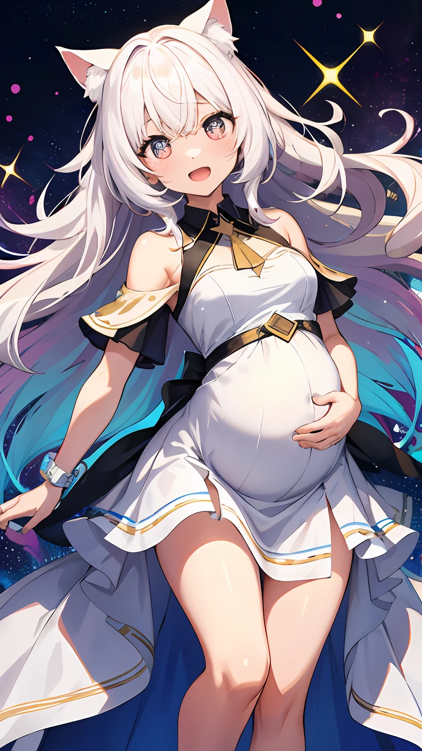 (tmasterpiece,best qualityer),((1girll,(a matural female)long whitr hair),(star-shaped bule pupils,+_+,symbol-shaped pupils,sparkle eyes),(Cat ears,open open mouth)),(looking at viewert,Light smile,cropped shoulders),(abstracted,multicolored background,abstract backgrounds,color difference)Pregnant belly, maternity attire for pregnant women,maternity dress,pregnant belly,Pregnant belly
