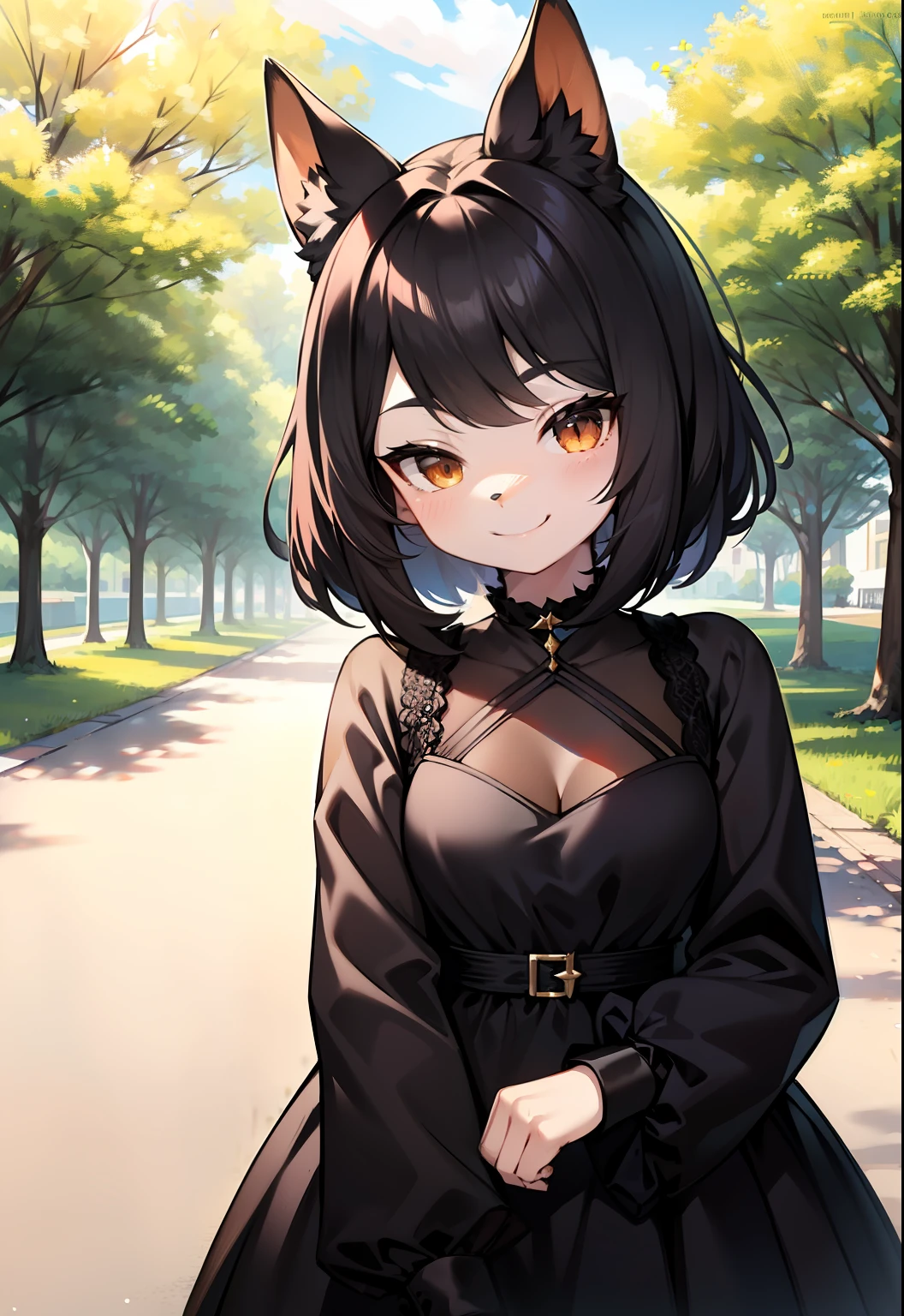 Furry Fenech in a black dress looks at the viewer. full-shot. Smiling. Against the background of the park. 独奏. Sunny day.