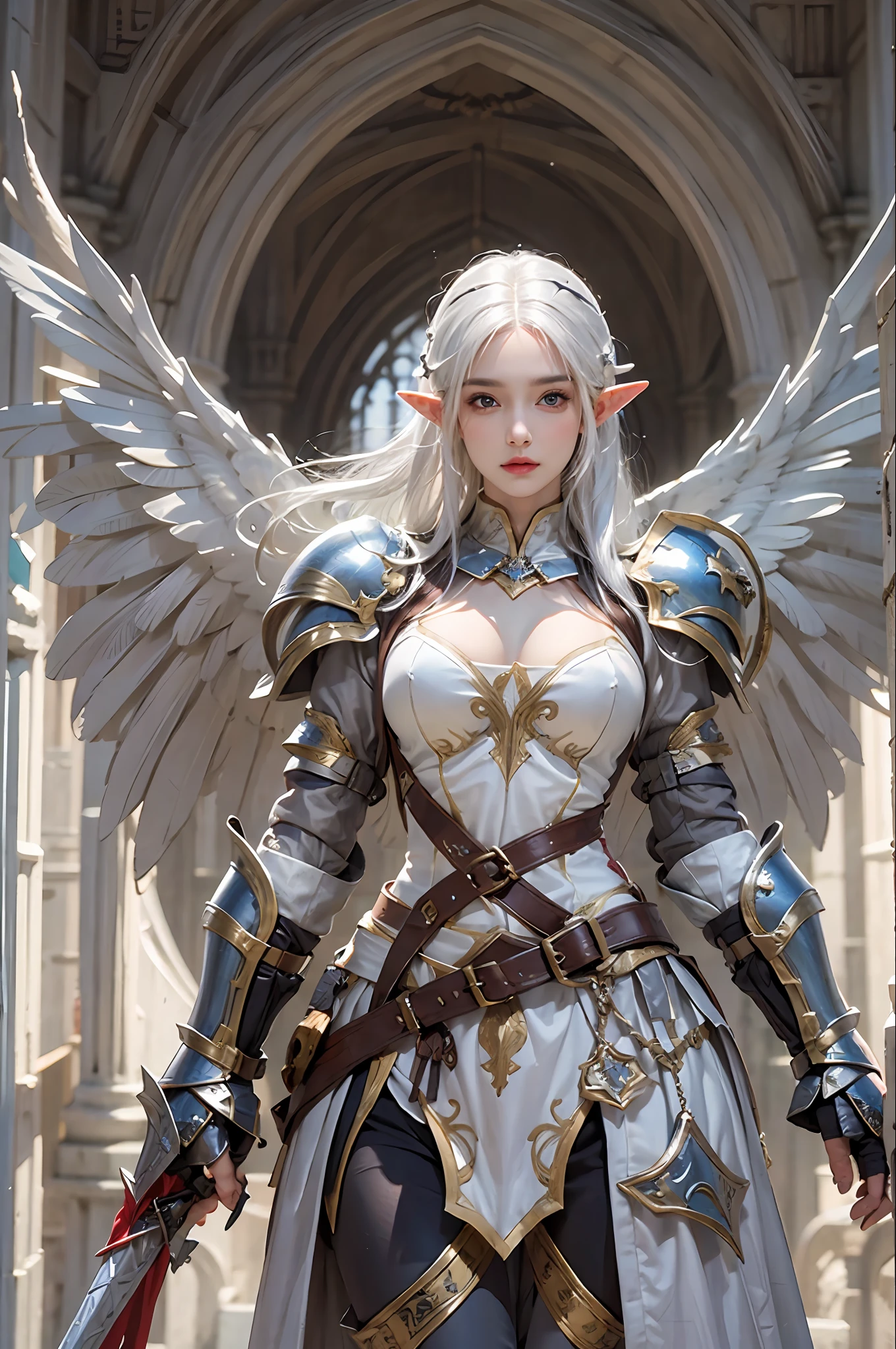 photorealistic, high resolution, 1 women, solo, hips up, look at viewer, (detailed face), white hair, medium breast, knight armor, elf, angle wings
